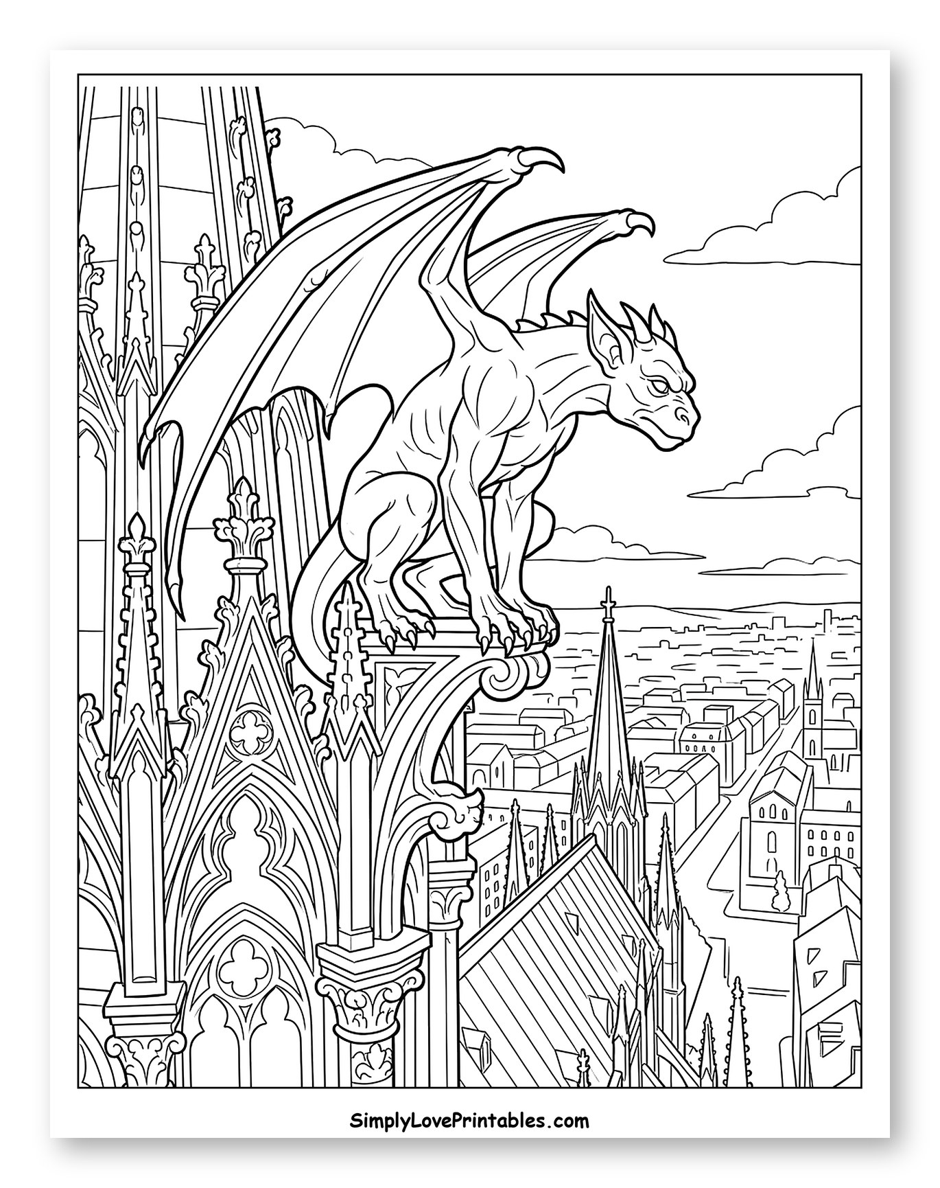 Gargoyle Perched on a Gothic Cathedral Overlooking City