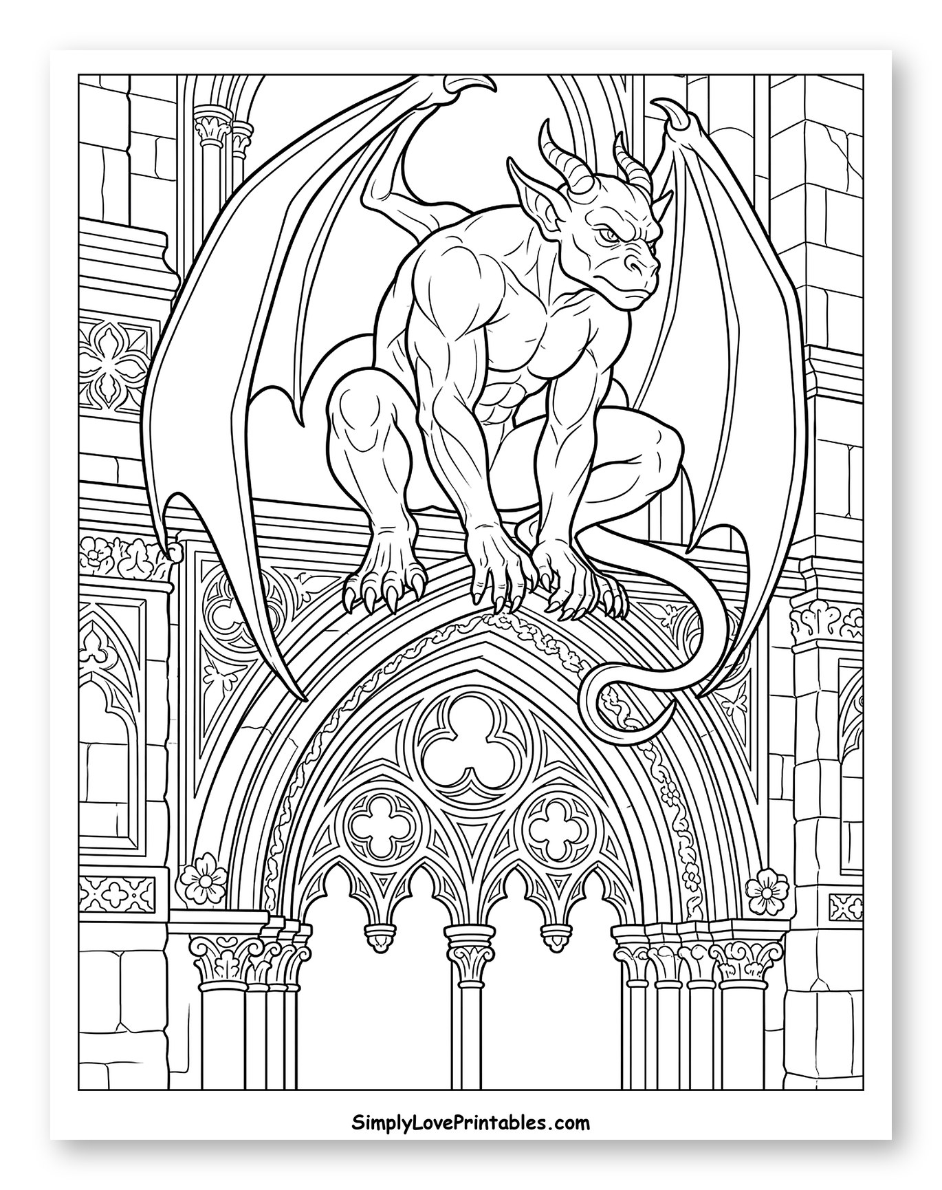 Gargoyle Perched on Gothic Cathedral Coloring Sheet