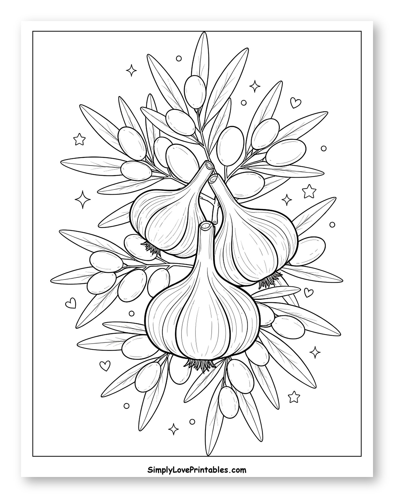 Garlic and Olive Branches with Hearts and Stars Coloring Sheet for Adults