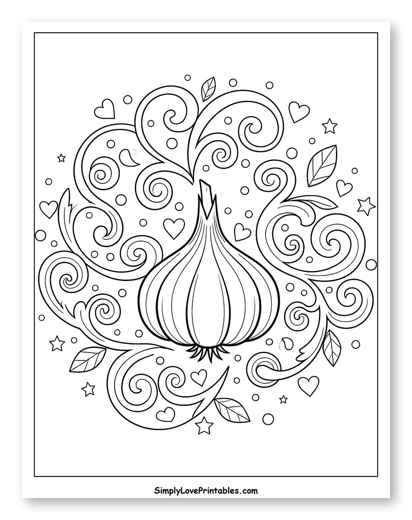 Garlic Bulb Surrounded by Decorative Swirls and Hearts to Color for Adults