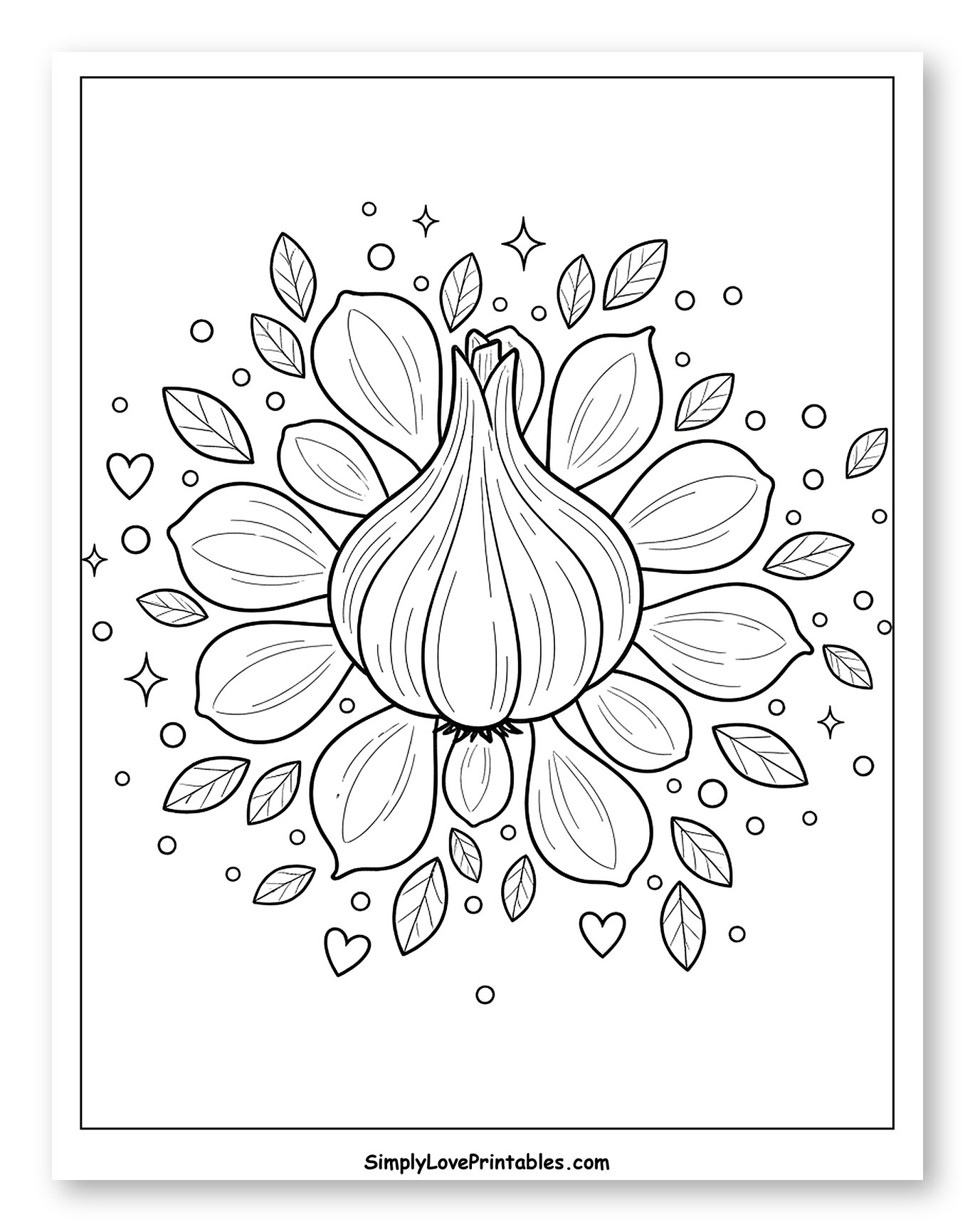 Garlic Bulb Surrounded by Leaves and Hearts