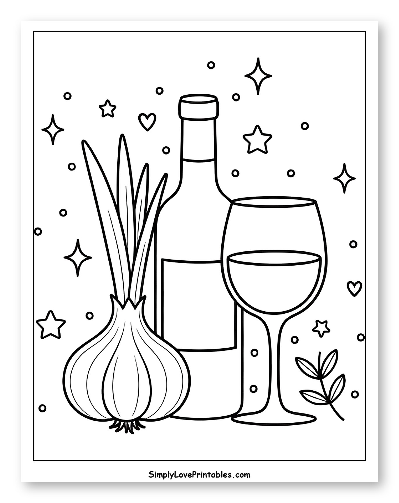 Garlic with Wine Bottle and Glass Coloring Page for Adults