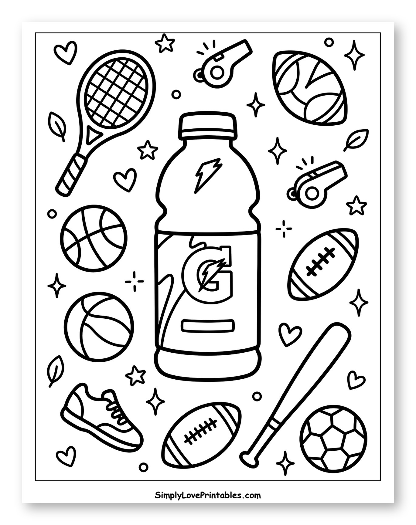 Gatorade Bottle with Sports Equipment and Balls Coloring Page for Adults