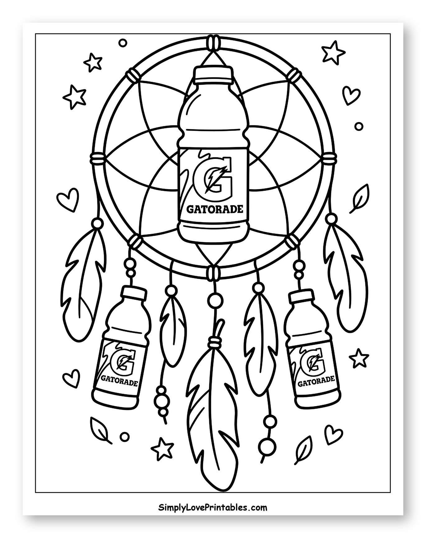 Gatorade Dreamcatcher with Bottles and Feathers Coloring Sheet for Adults