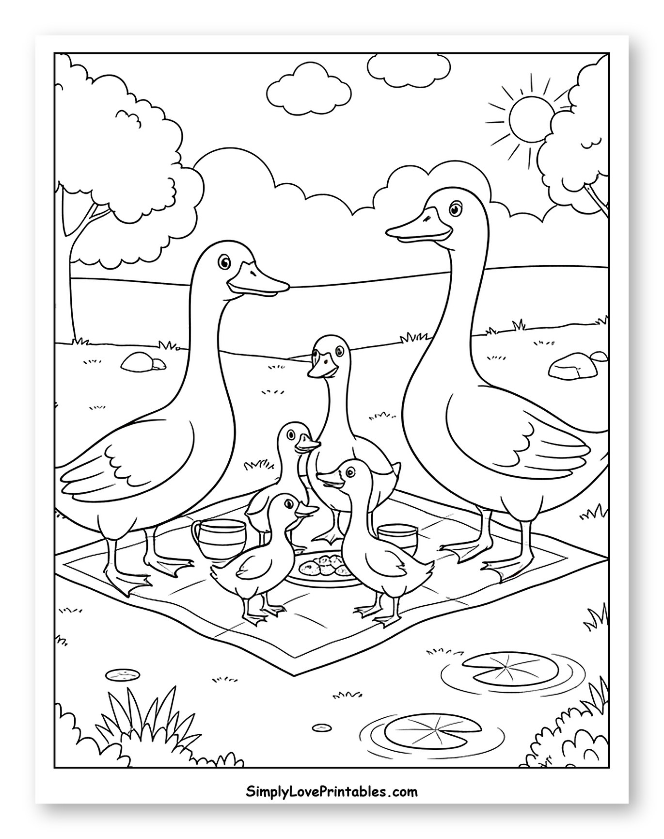 Geese Family Enjoying an Outdoor Picnic Coloring Page for Kids