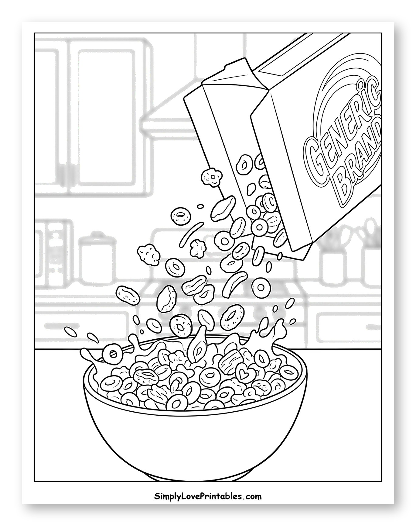 Generic Cereal Pouring into a Splashy Bowl Coloring Page
