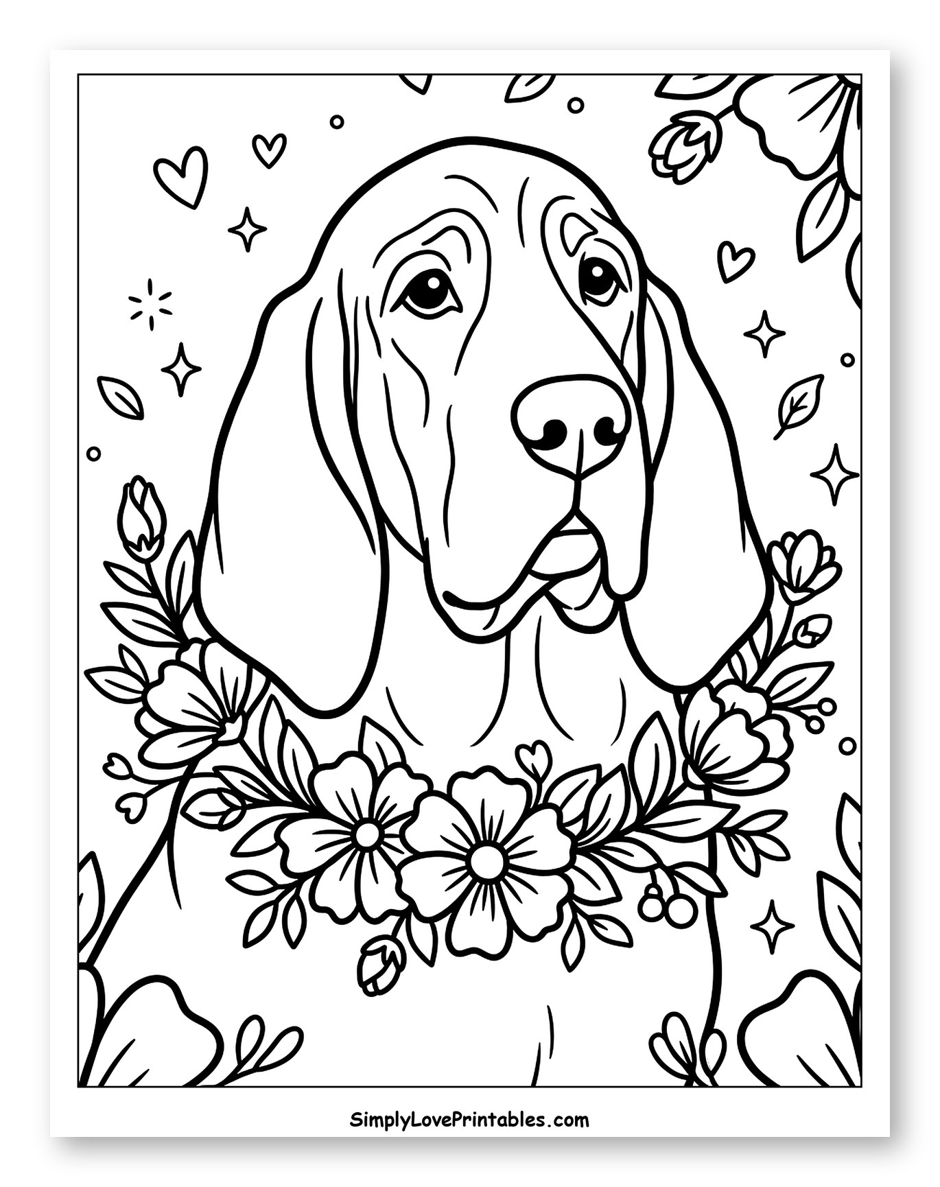 Gentle Bloodhound Portrait with Flowers