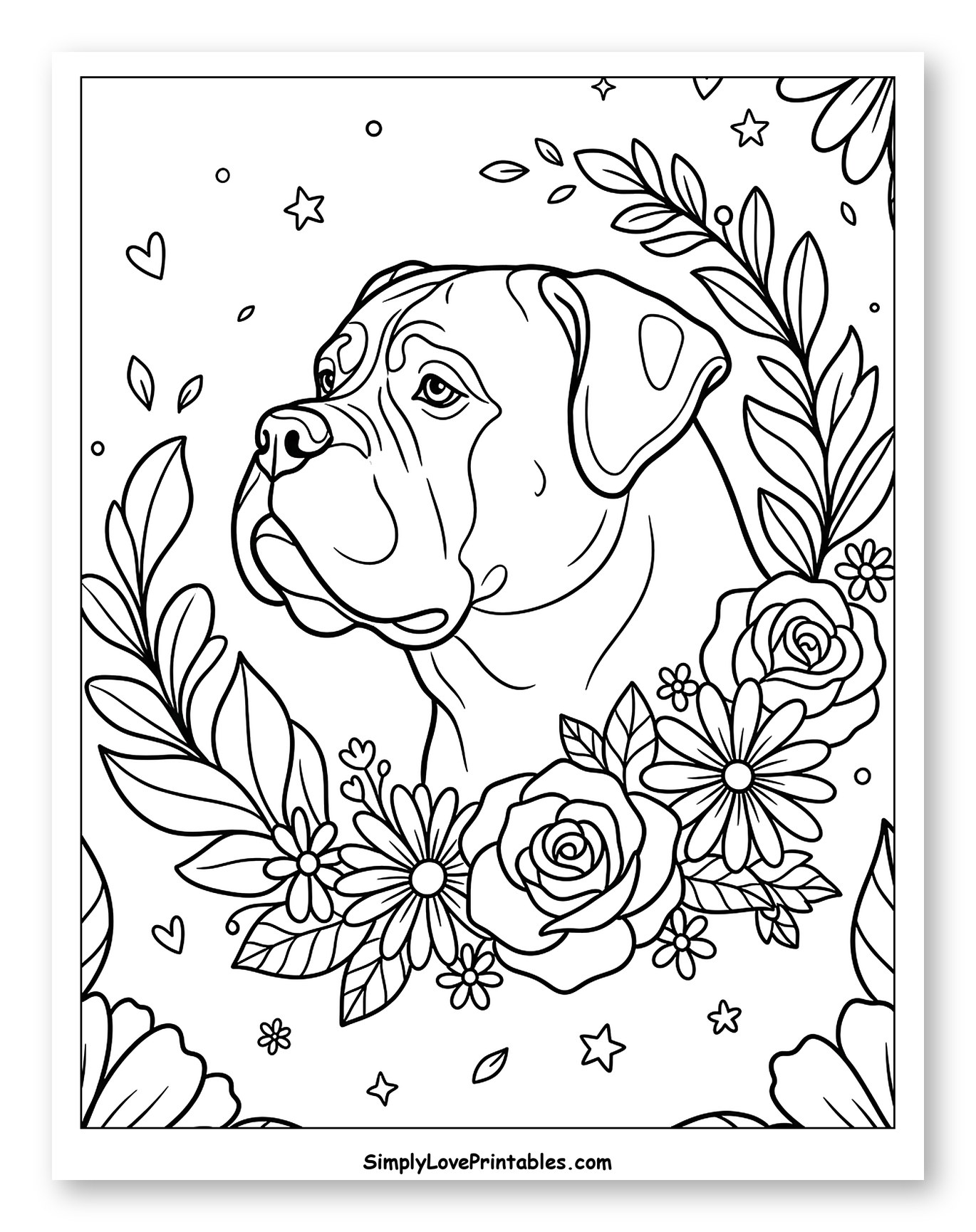 Gentle Bullmastiff Dog with Flowers and Leaves Coloring Page for Adults