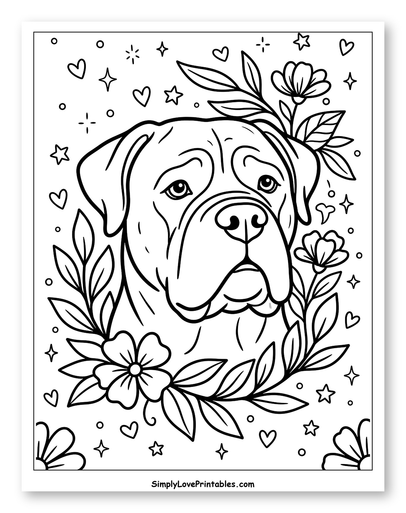 Gentle Bullmastiff Surrounded by Flowers Coloring Sheet for Adults