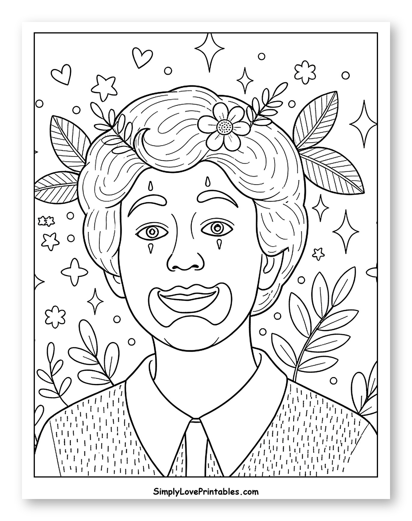 Gentle Clown with Flower and Leaves Coloring Sheet for Adults