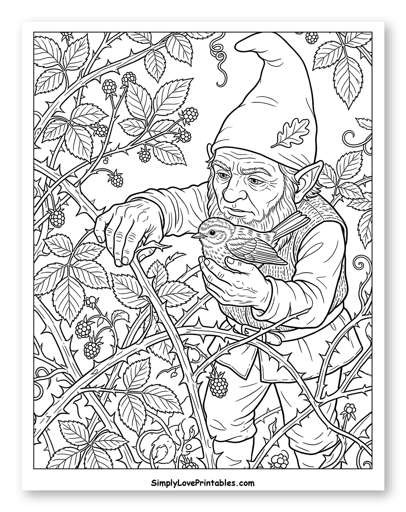 Gentle Gnome Holding Bird in Bramble Bush