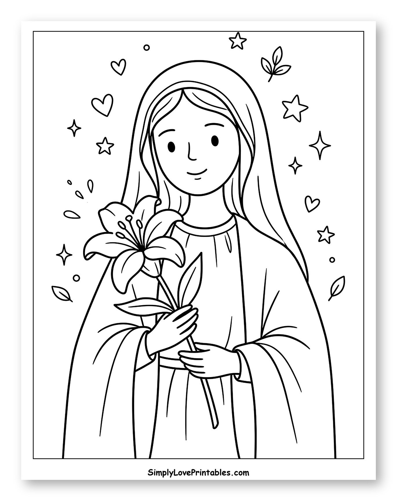 Gentle Mary Holding a White Lily to Color for Adults