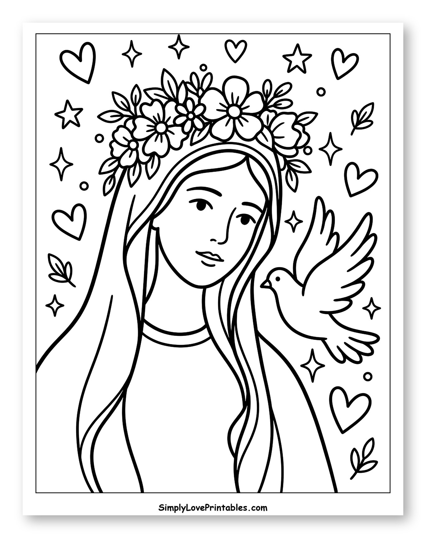 Gentle Mary with Flower Crown and Dove of Peace Coloring Page for Adults