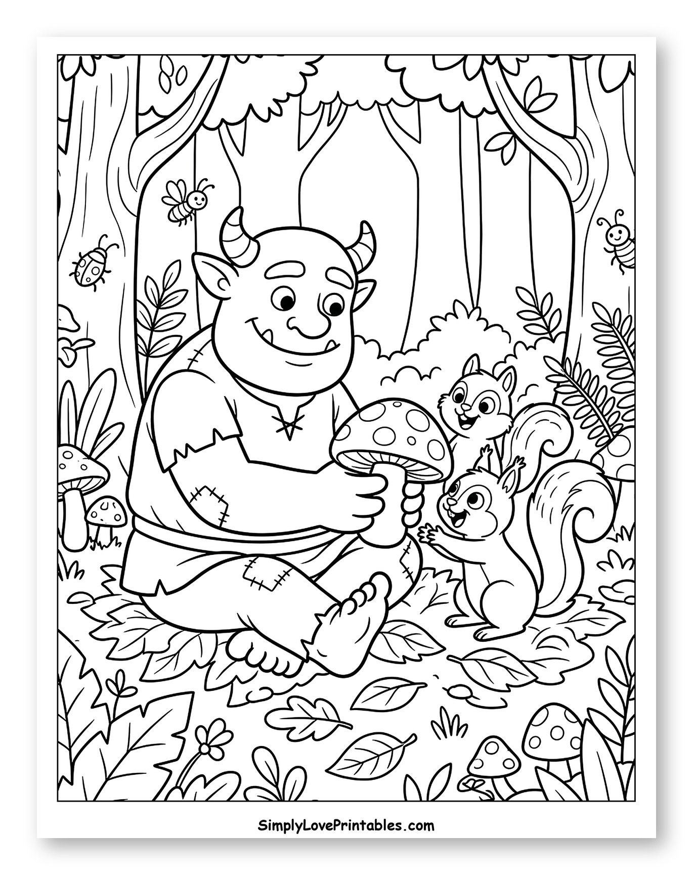 Gentle Ogre Sharing Mushroom with Squirrels Coloring Page for Kids