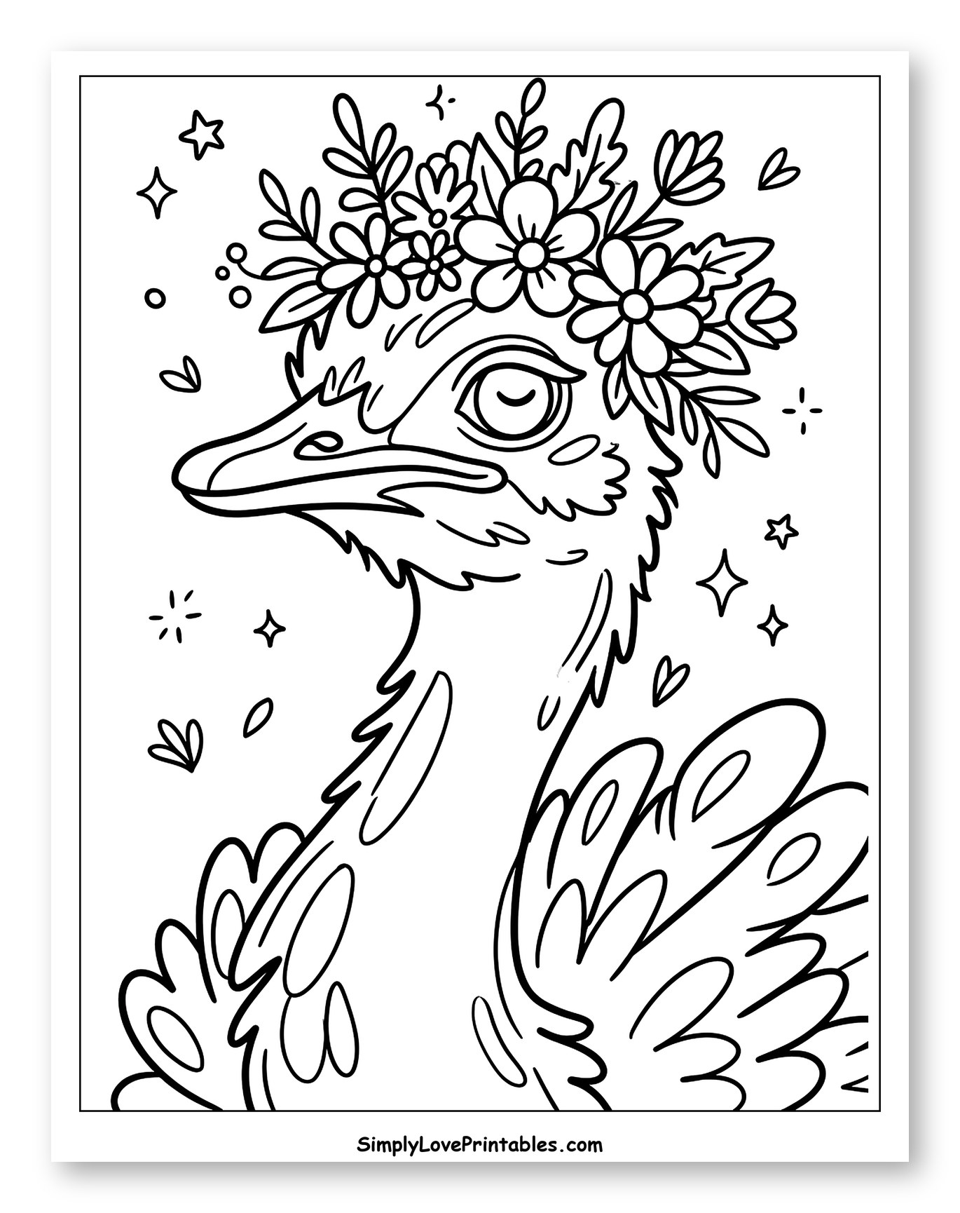 Gentle Ostrich Wearing a Beautiful Flower Crown to Color for Adults
