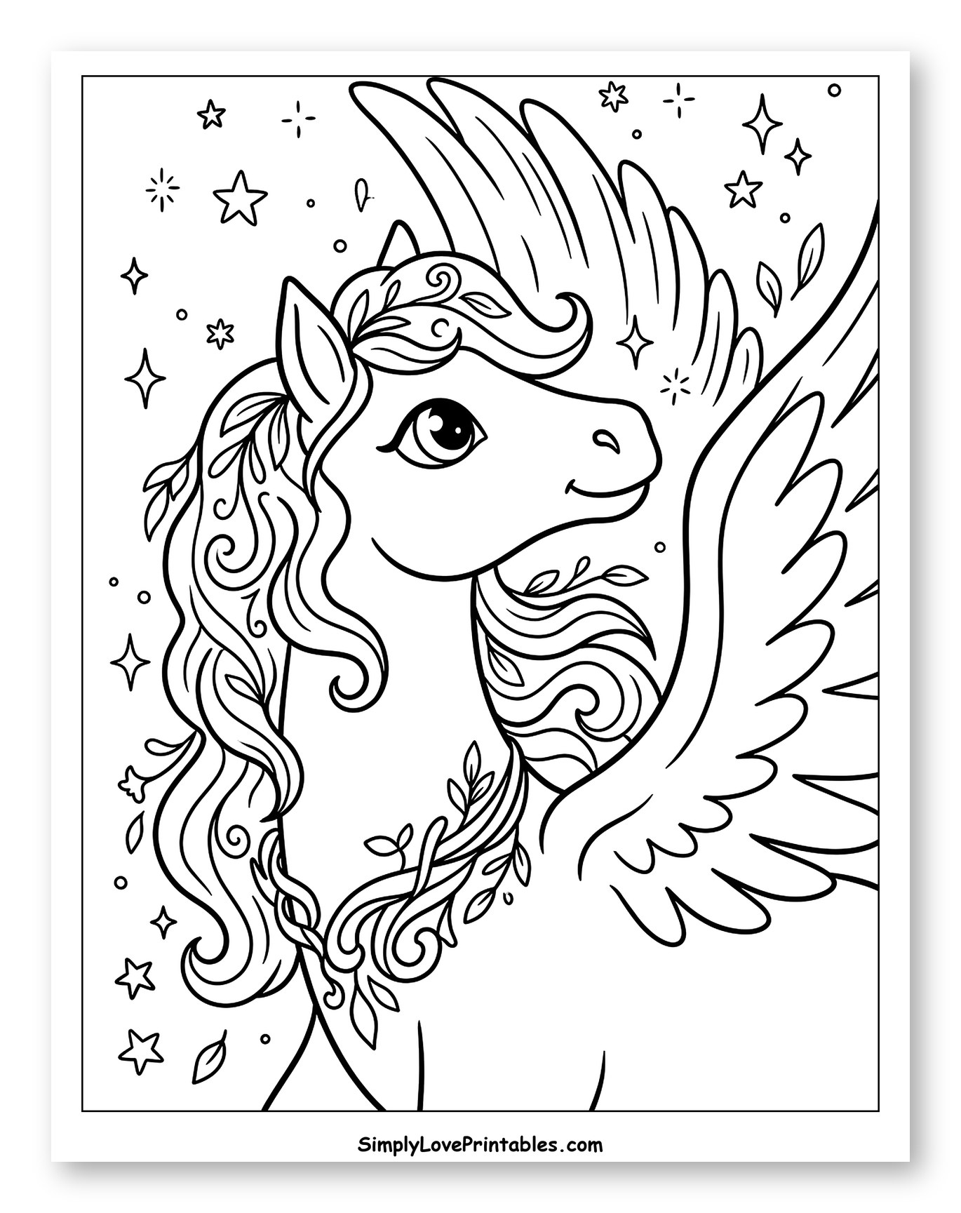Gentle Pegasus with Floral Mane and Wings Coloring Page for Adults
