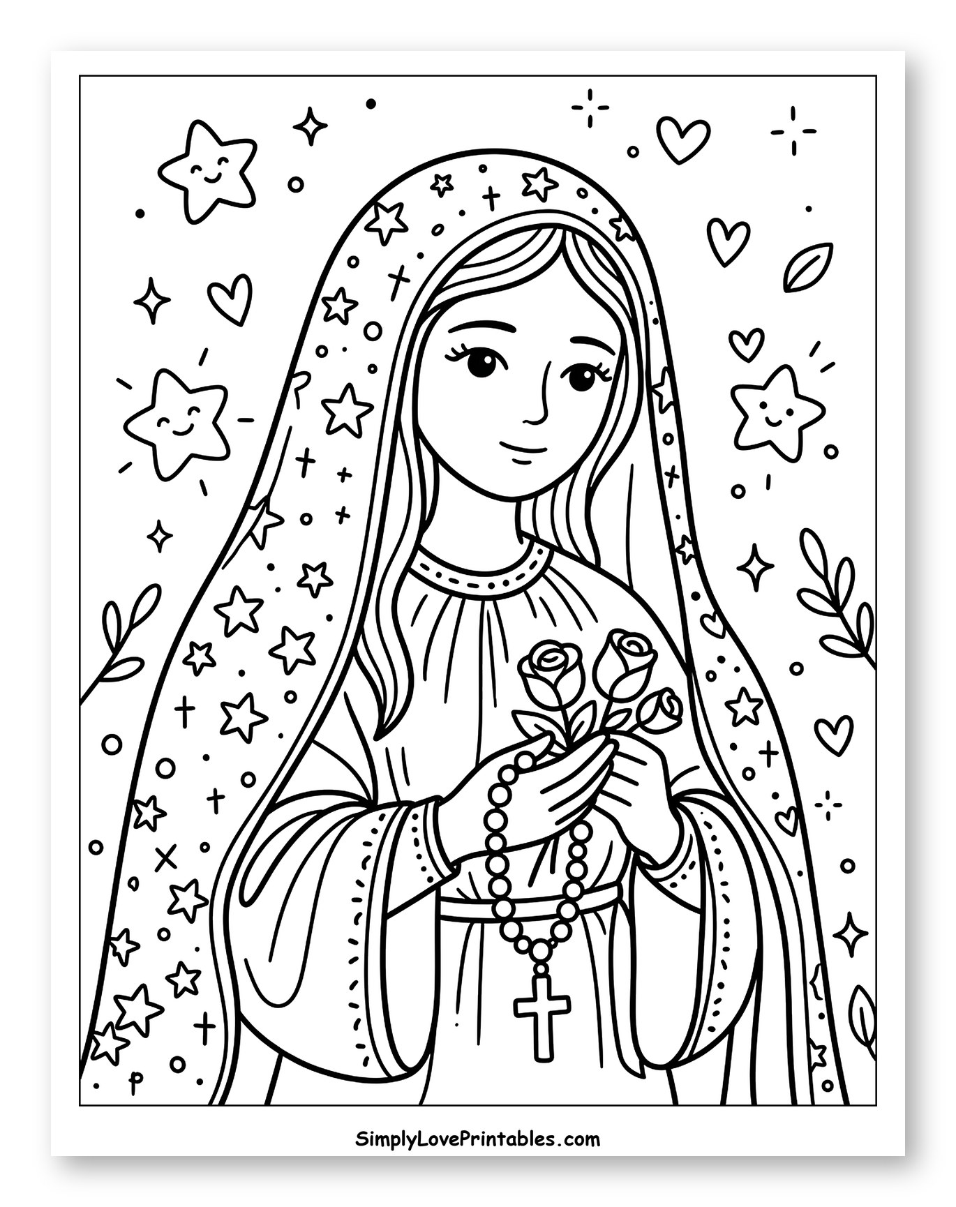 Gentle Virgin Mary Holding Rosary and Roses Coloring Page for Adults