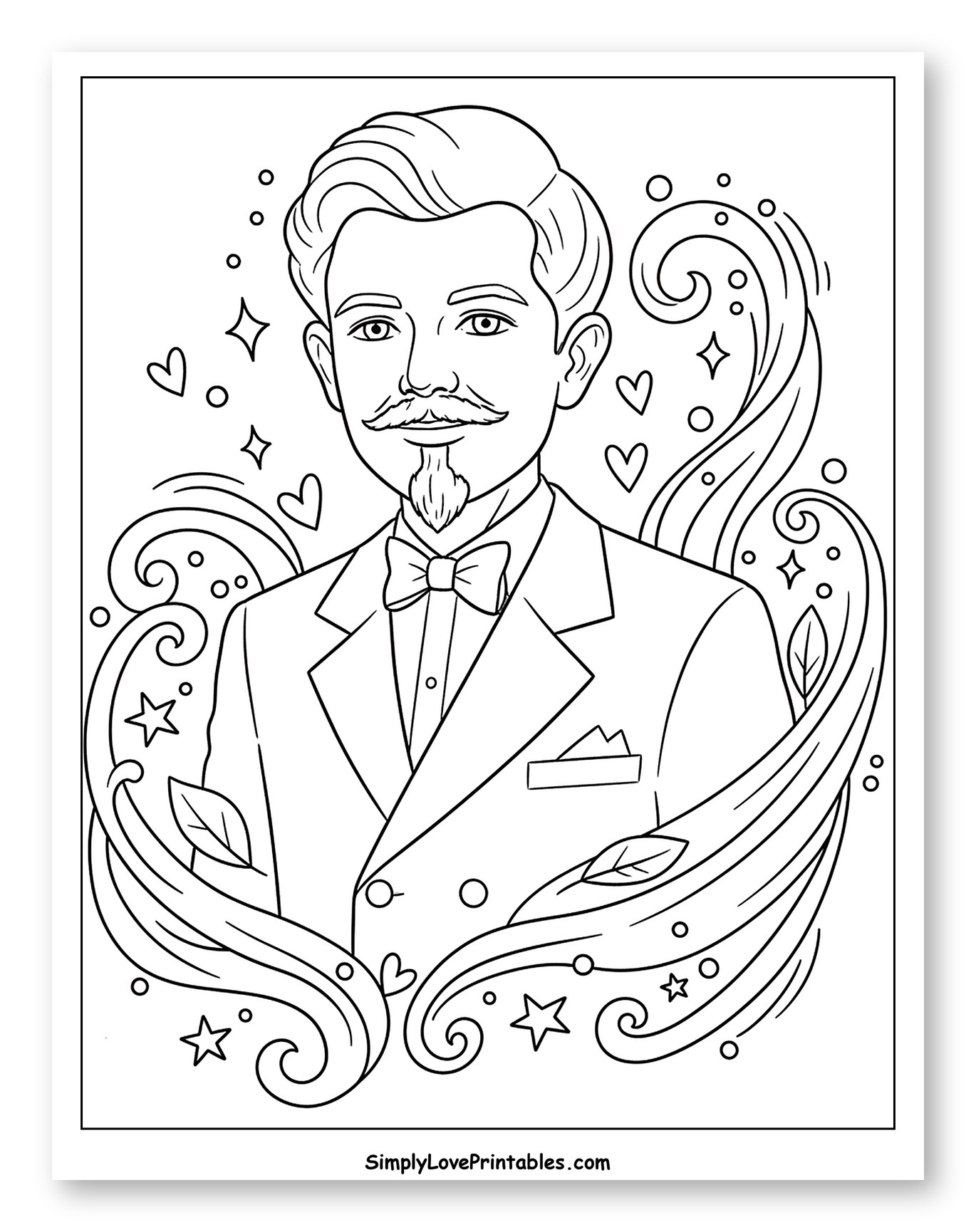 Gentleman in Suit with Whimsical Decorations Coloring Page for Adults