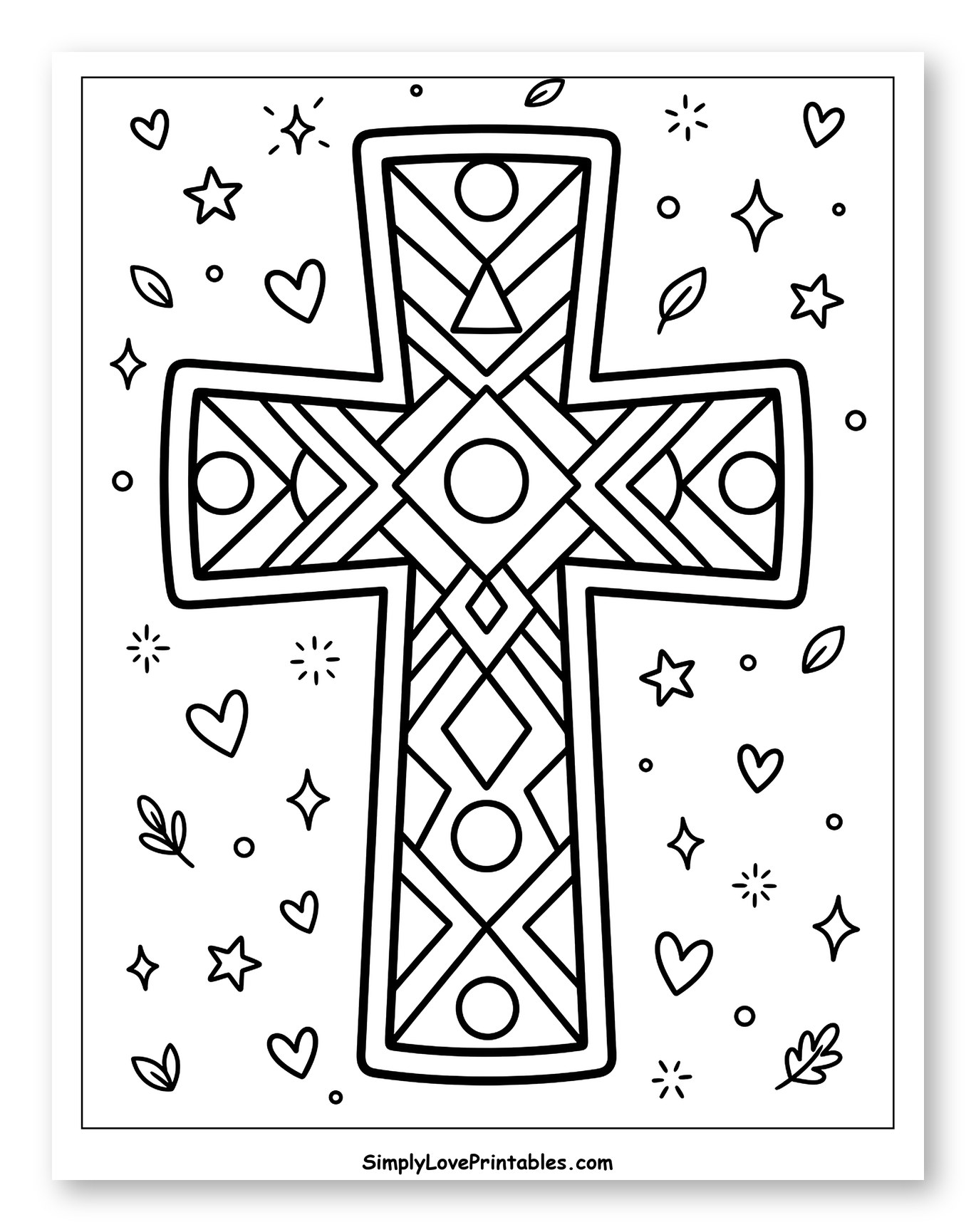 Geometric Patterned Cross with Hearts and Stars Coloring Page for Adults