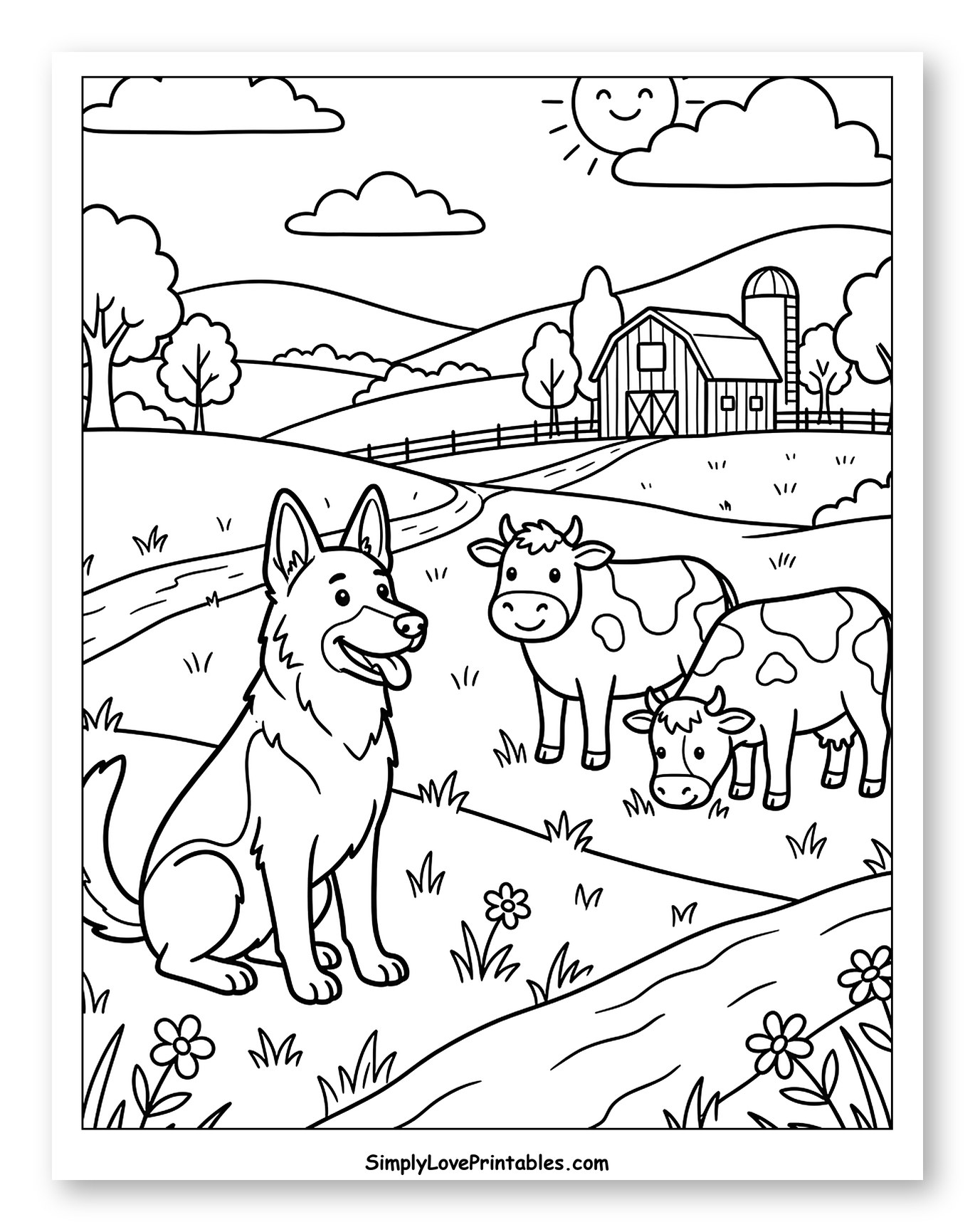 German Shepherd Dog on a Farm with Cows