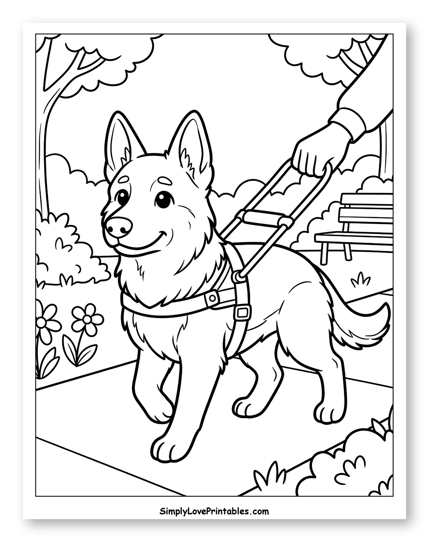German Shepherd Guide Dog Walking in Park Coloring Sheet for Kids