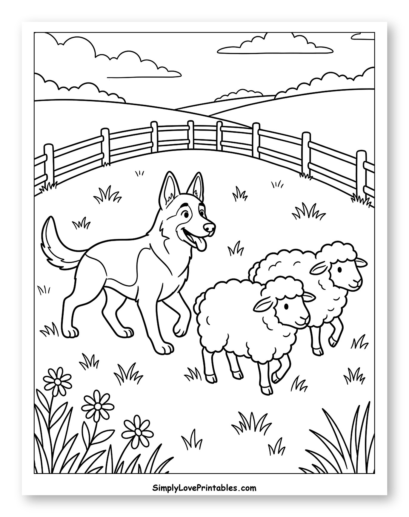 German Shepherd Herding Sheep in a Field Coloring Page for Kids