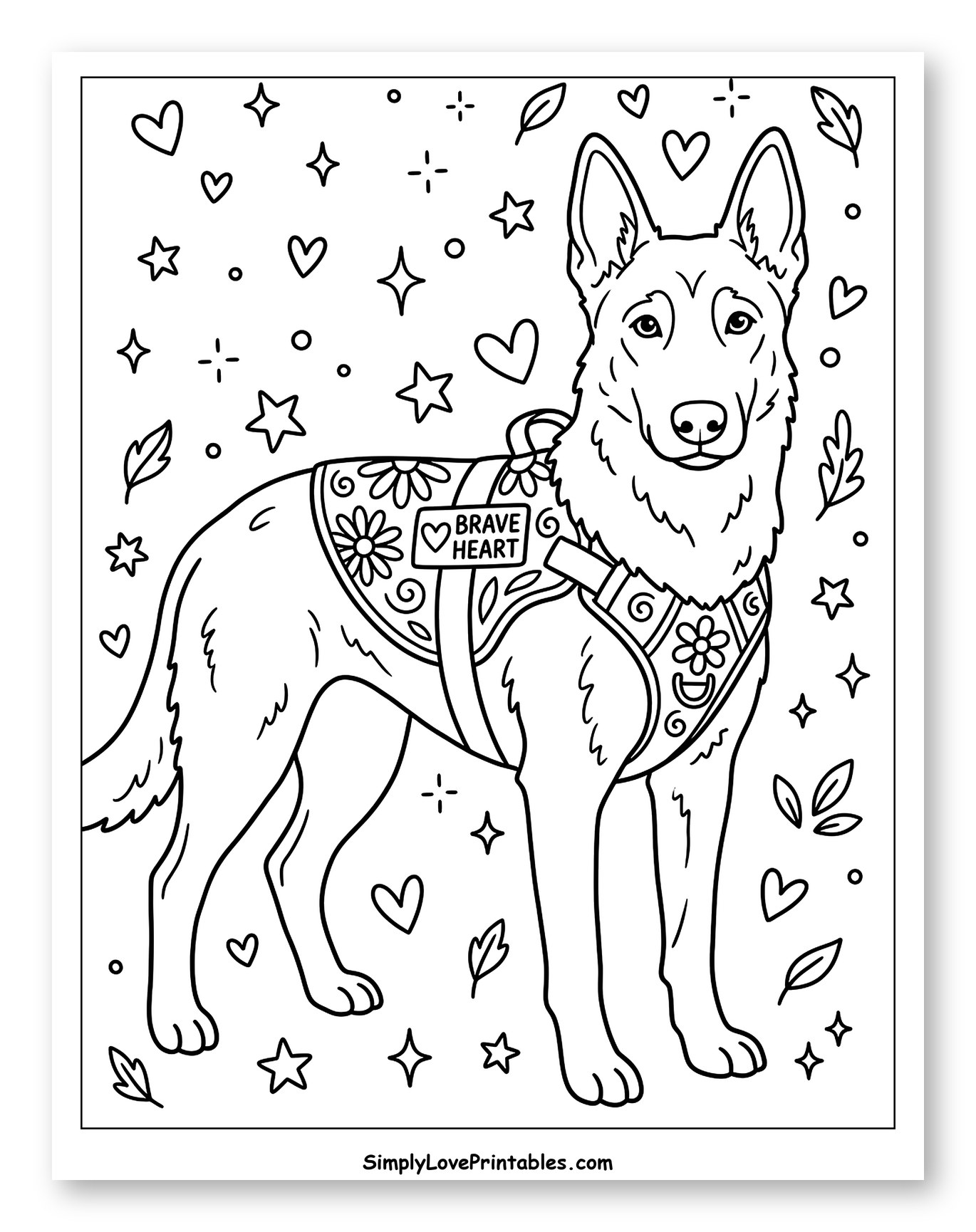 German Shepherd Service Dog Wearing Brave Heart Vest Coloring Sheet for Adults