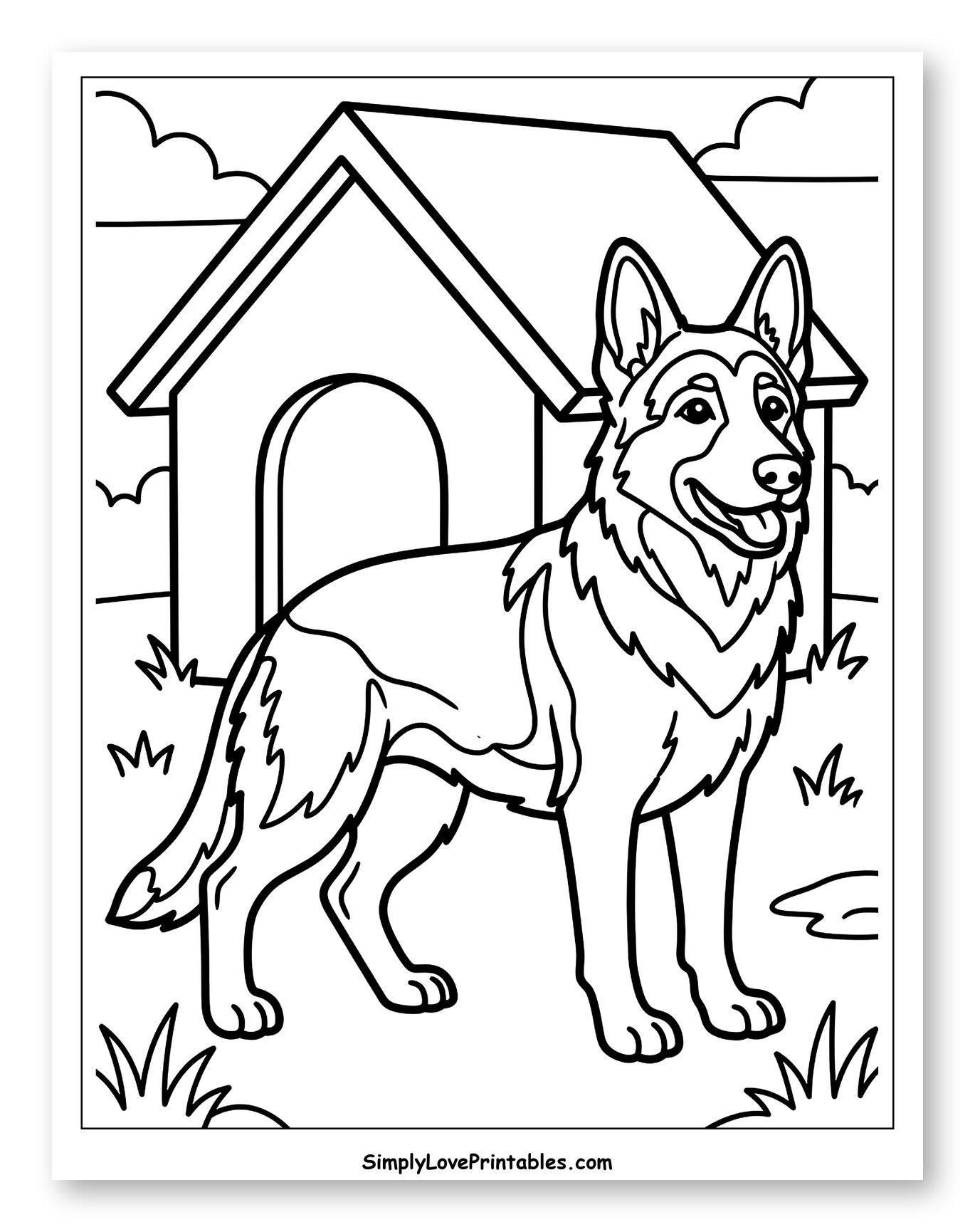 German Shepherd Standing Near Doghouse Coloring Sheet for Toddlers