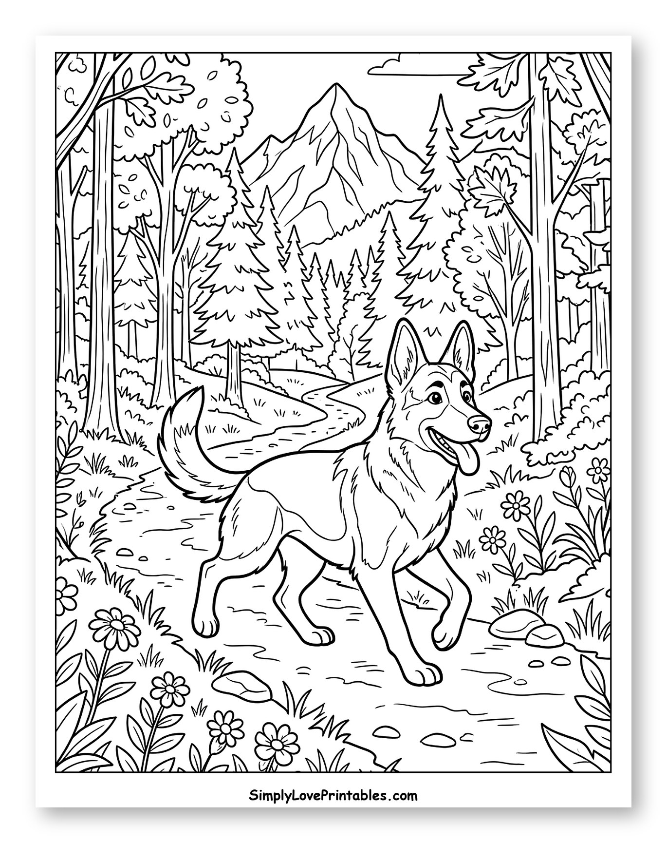 German Shepherd Walking Through Forest Path to Color for Kids