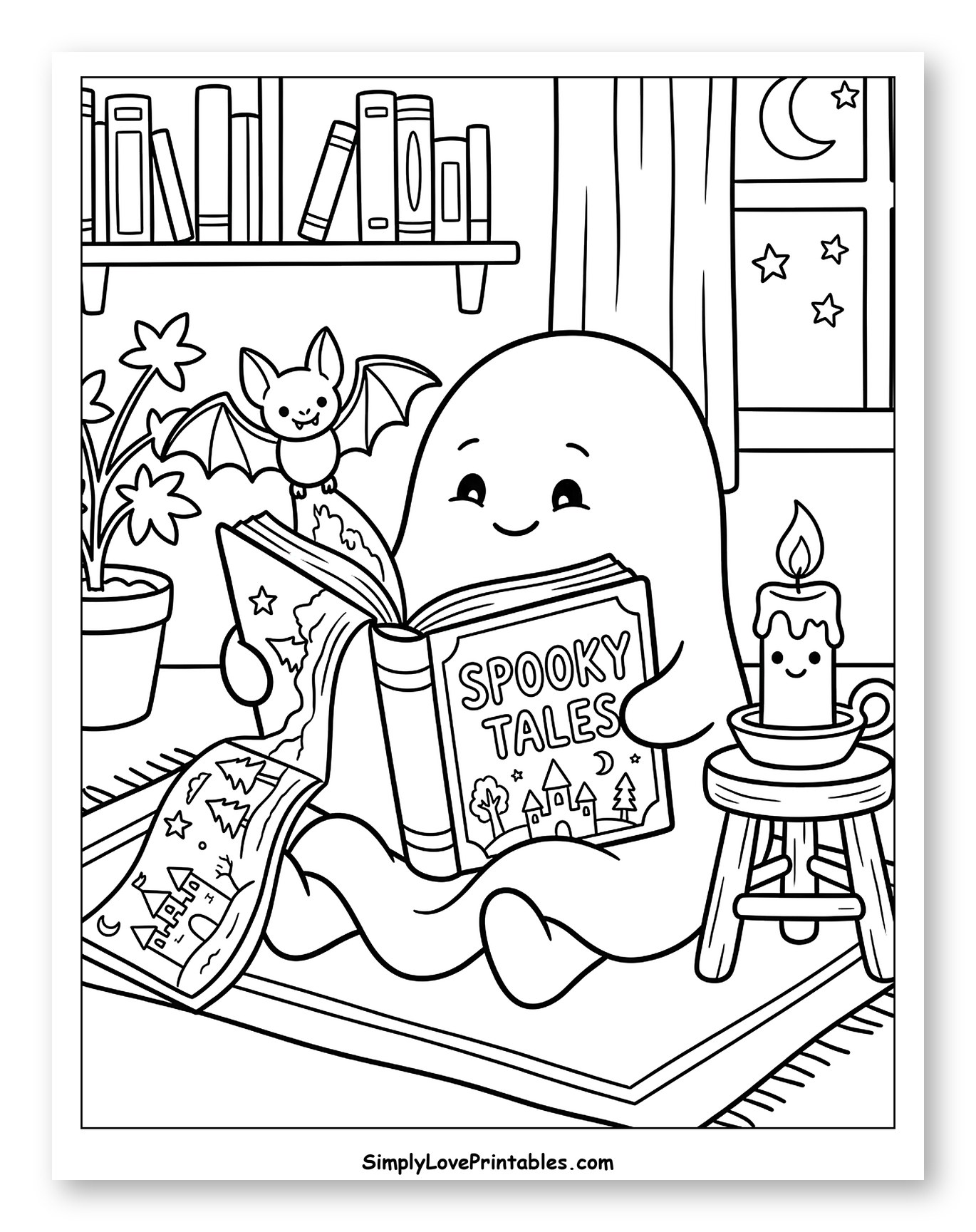 Ghost and Bat Reading Spooky Tales by Candlelight