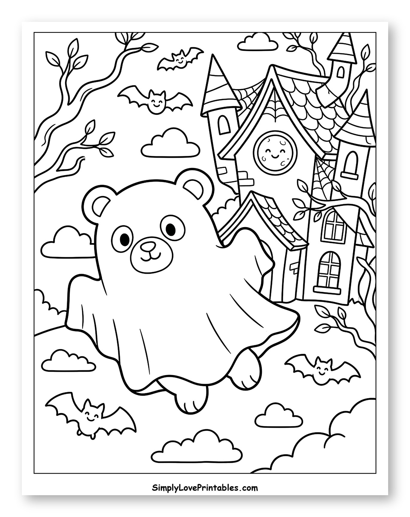 Ghost Teddy Bear with Haunted House and Bats Coloring Page for Kids
