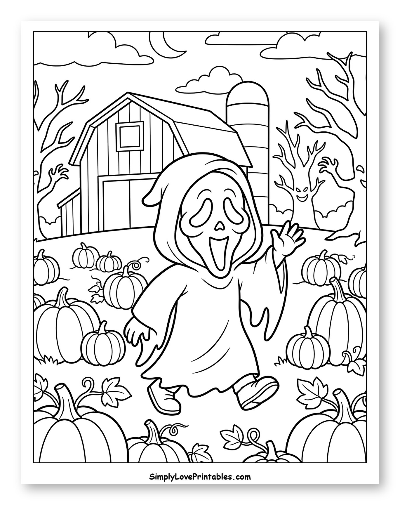 Ghostface Among Pumpkins and Spooky Trees