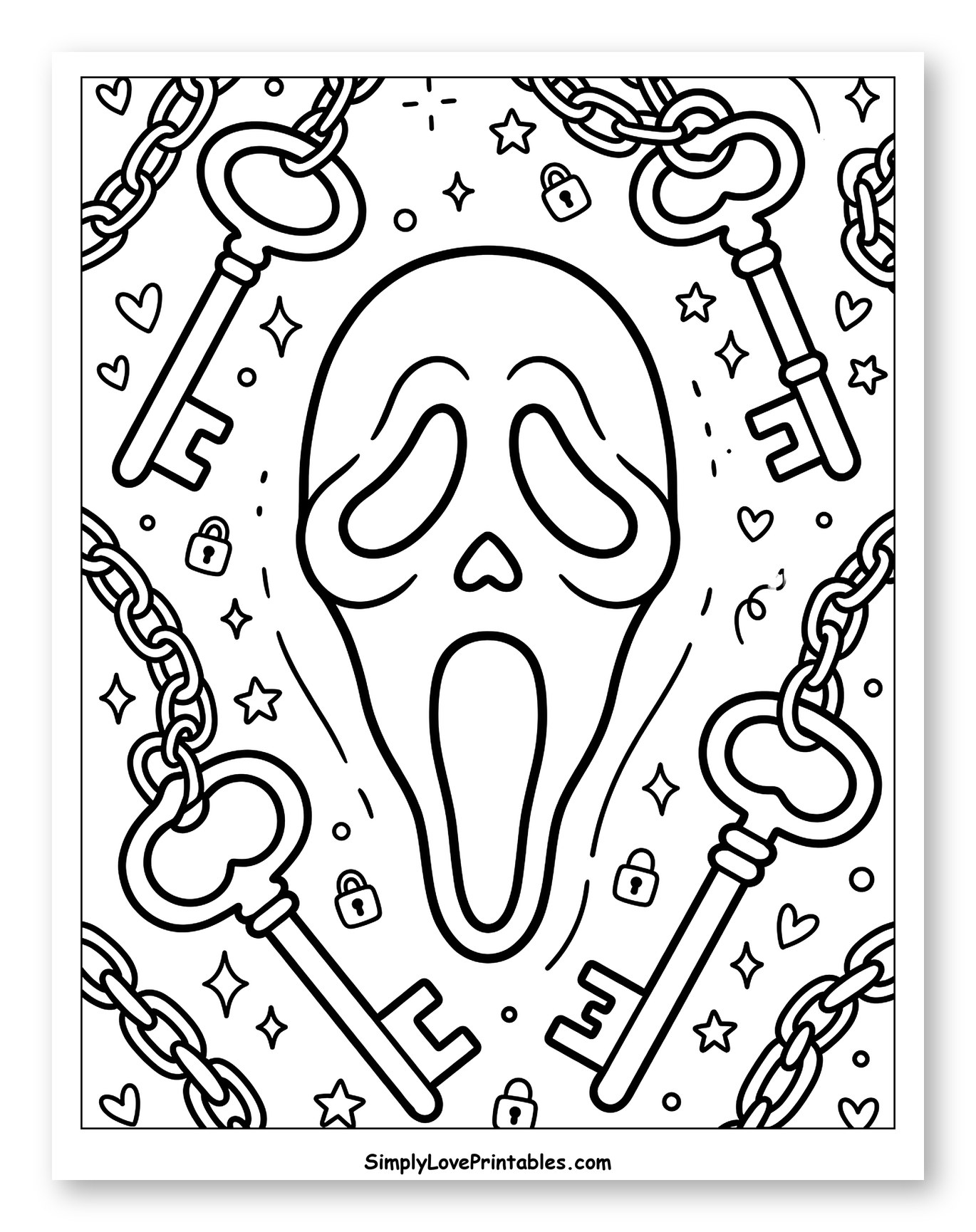 Ghostface Mask with Chains and Keys Coloring Sheet for Adults