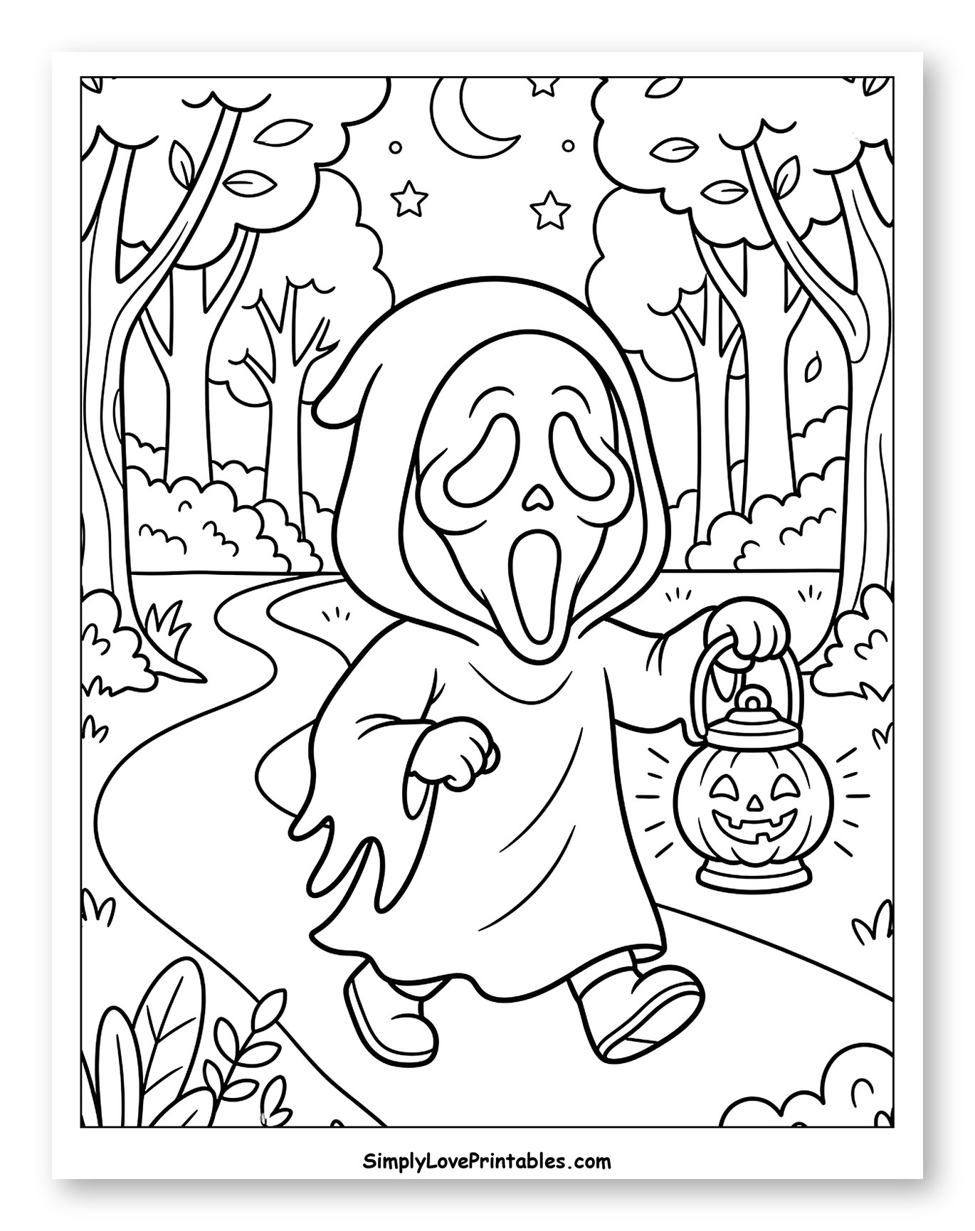Ghostface Walking with a Jack-o'-Lantern Coloring Sheet for Kids