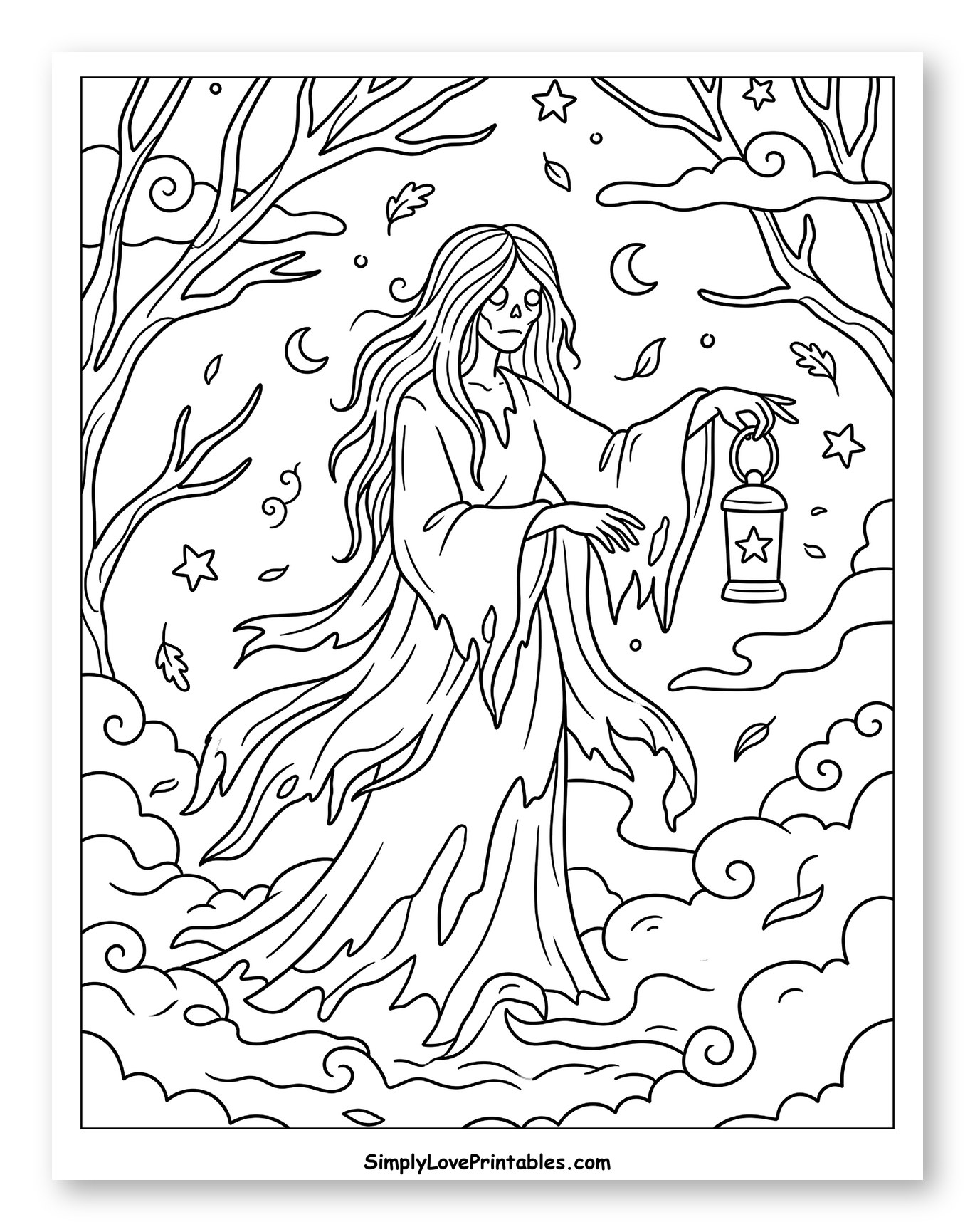 Ghostly Woman with Lantern in Spooky Forest