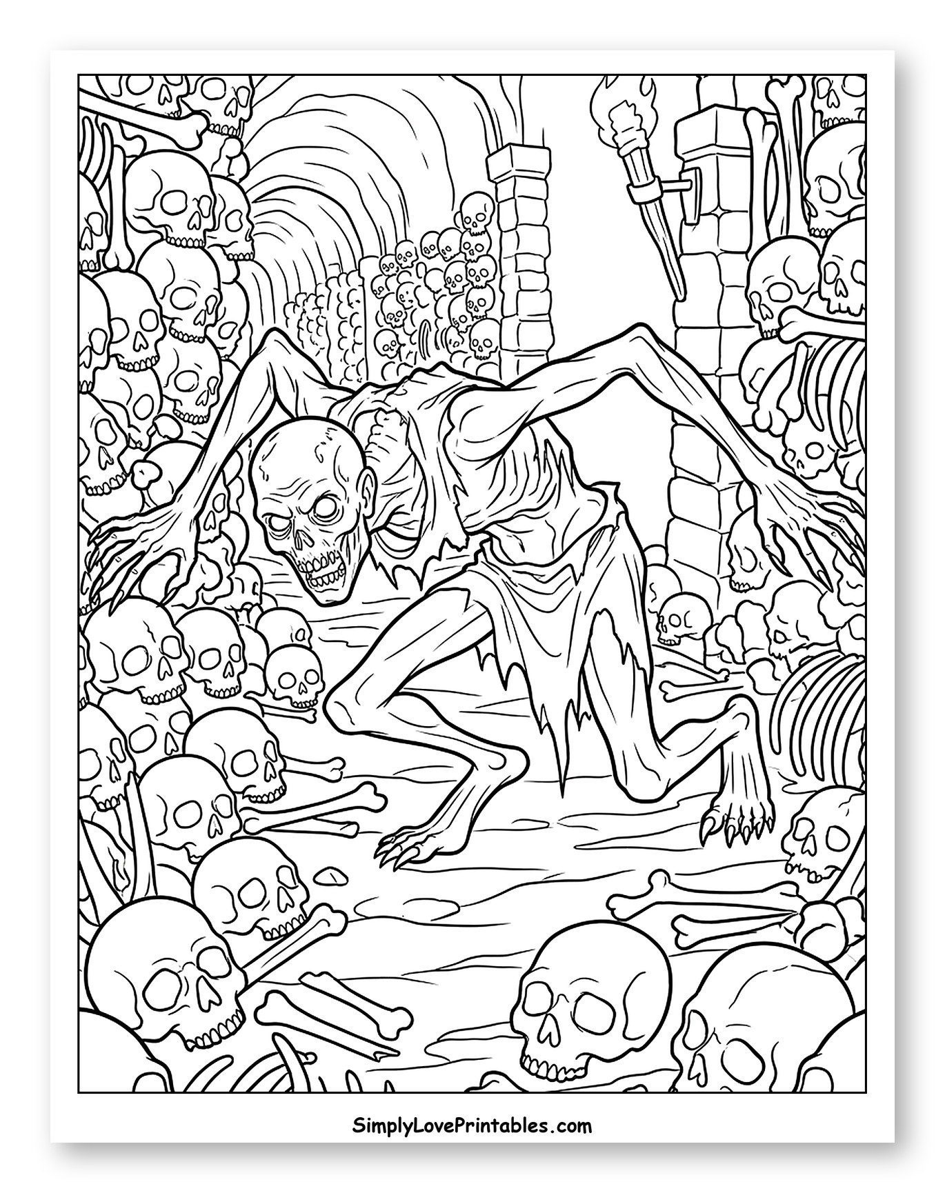 Ghoul Crawling Through a Skull Dungeon Coloring Sheet