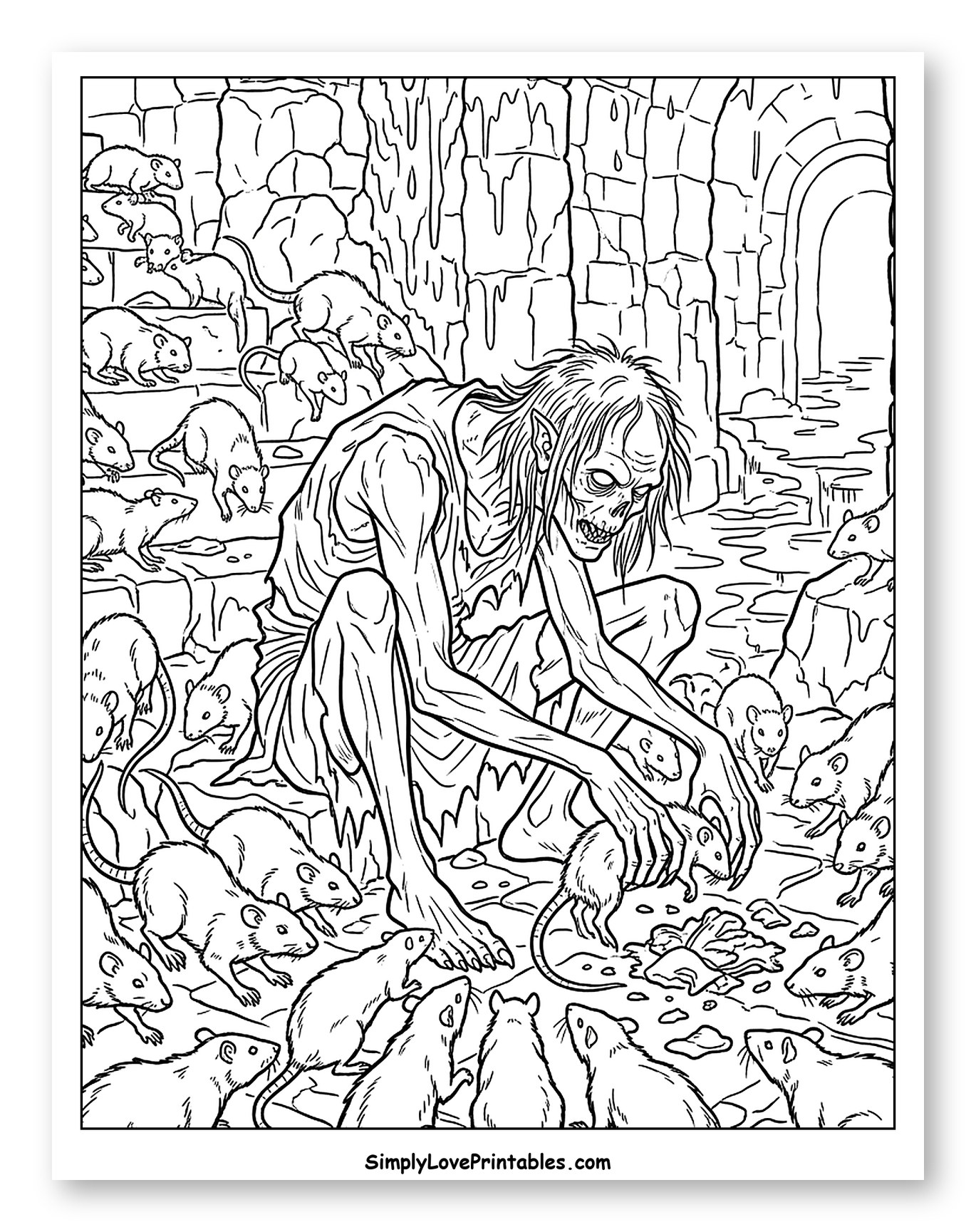 Ghoul Feeding Rats in a Dark Crypt Coloring Sheet