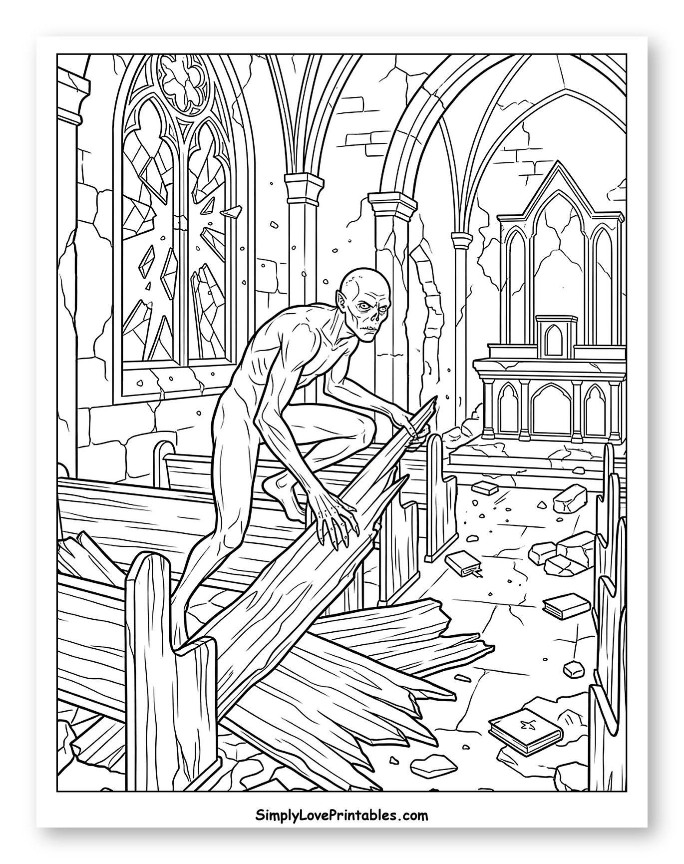 Ghoul in a Ruined Church to Color