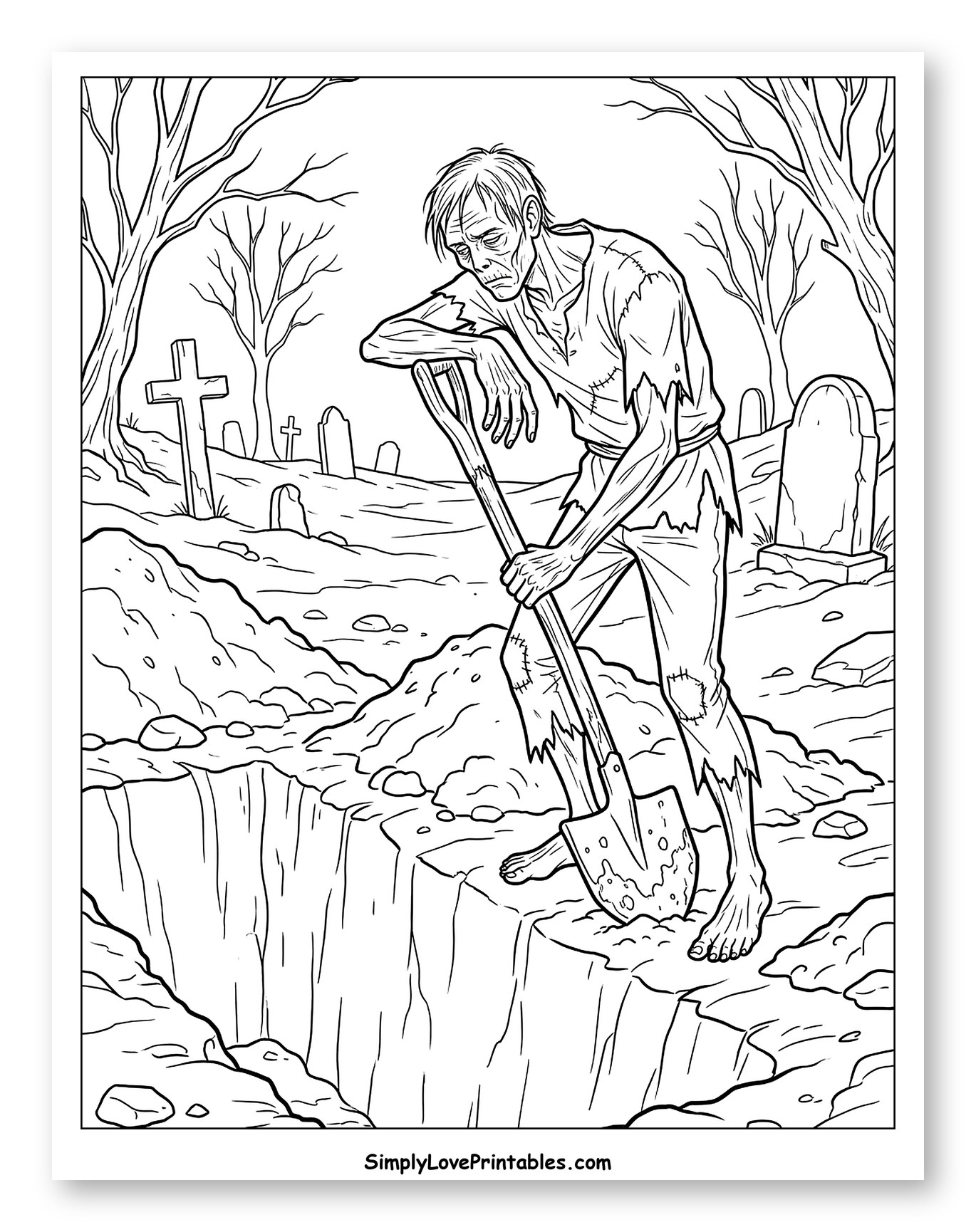 Ghoul Leaning on Shovel in Graveyard Coloring Page