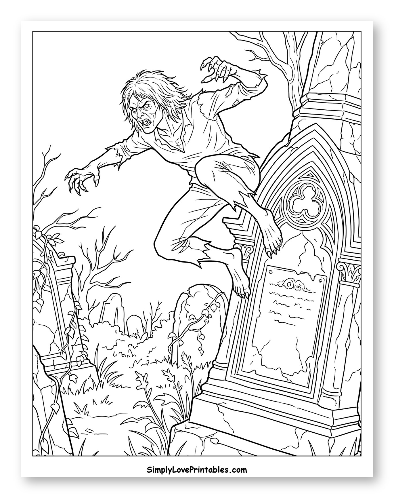 Ghoul Leaping Over a Gravestone in a Cemetery Coloring Page