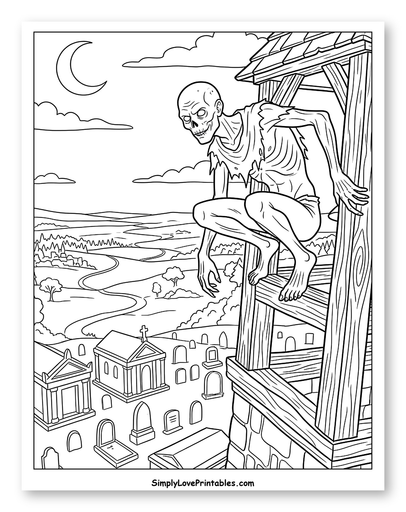 Ghoul Perched on Bell Tower Above Graveyard Coloring Sheet