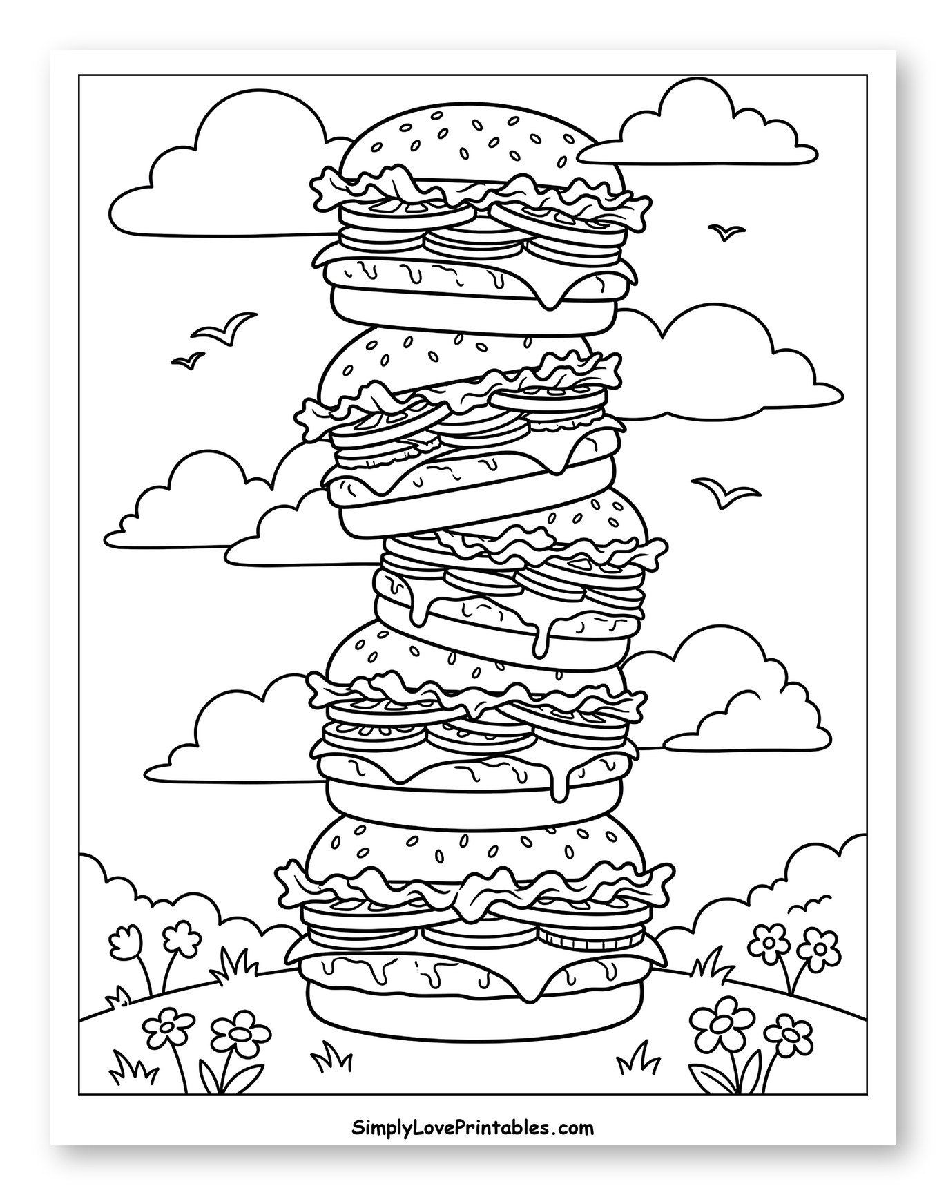 Giant Burger Tower with Clouds and Birds