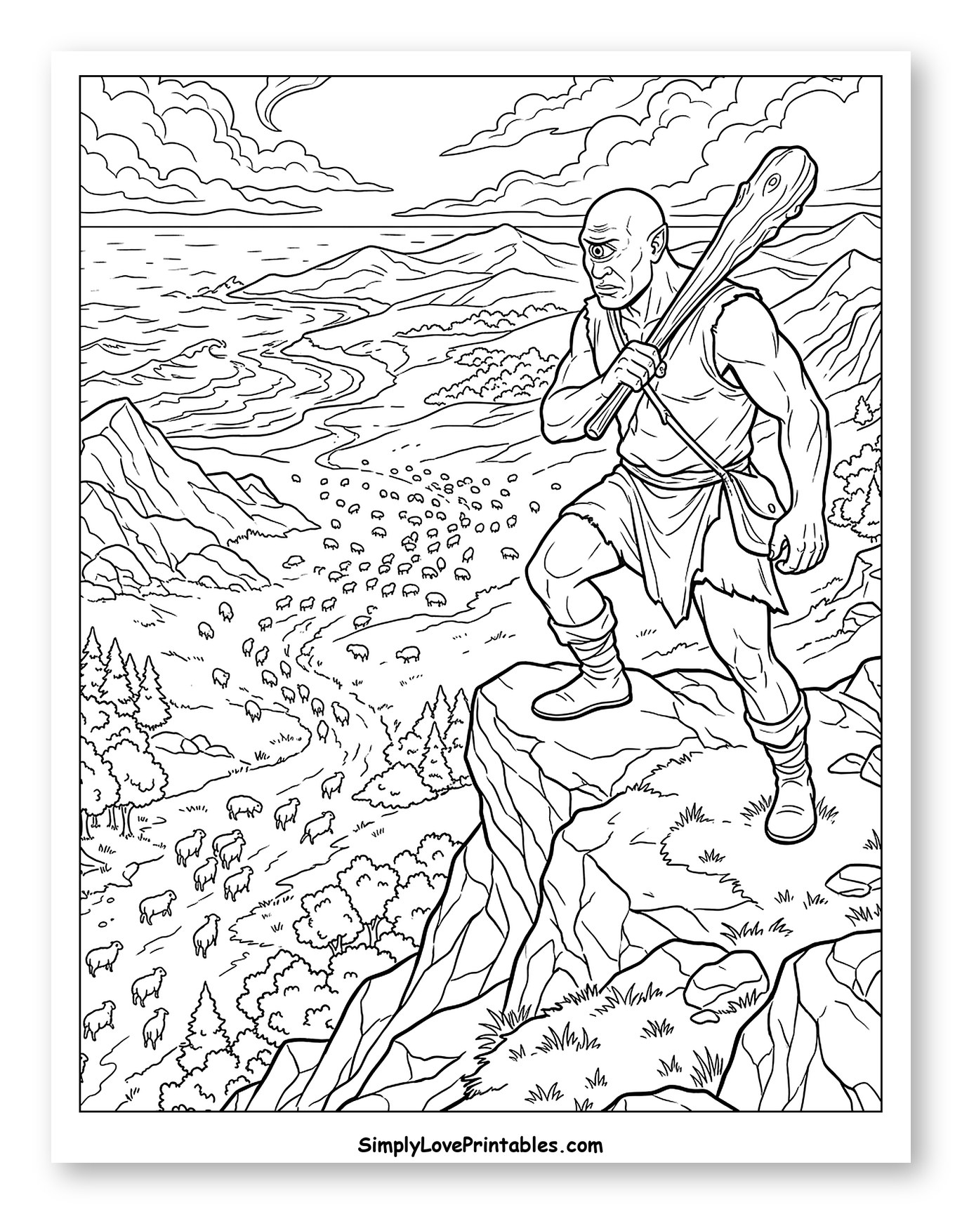 Giant Cyclops on Cliff Watching Sheep Coloring Sheet