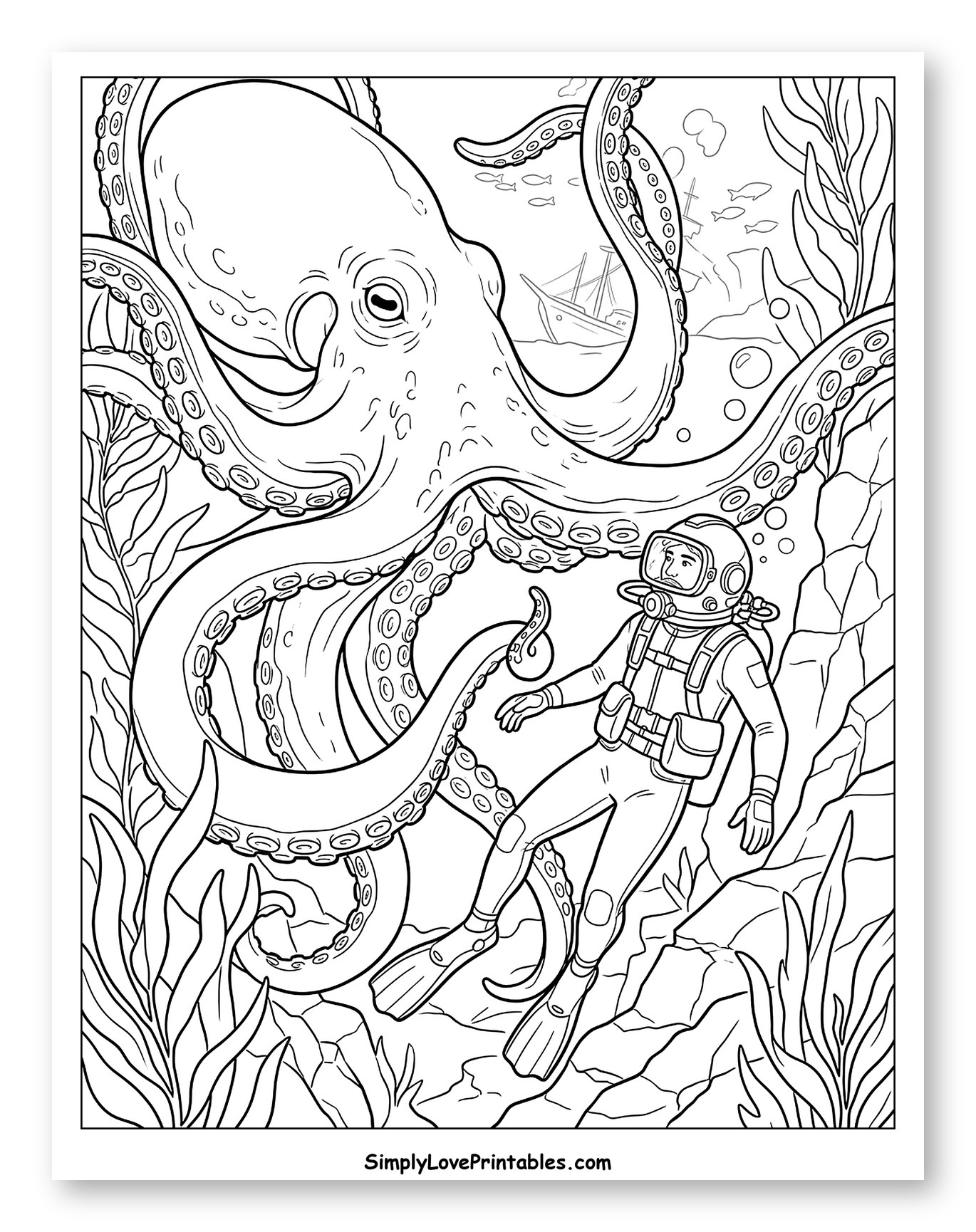 Giant Octopus and Diver Near a Shipwreck Coloring Page