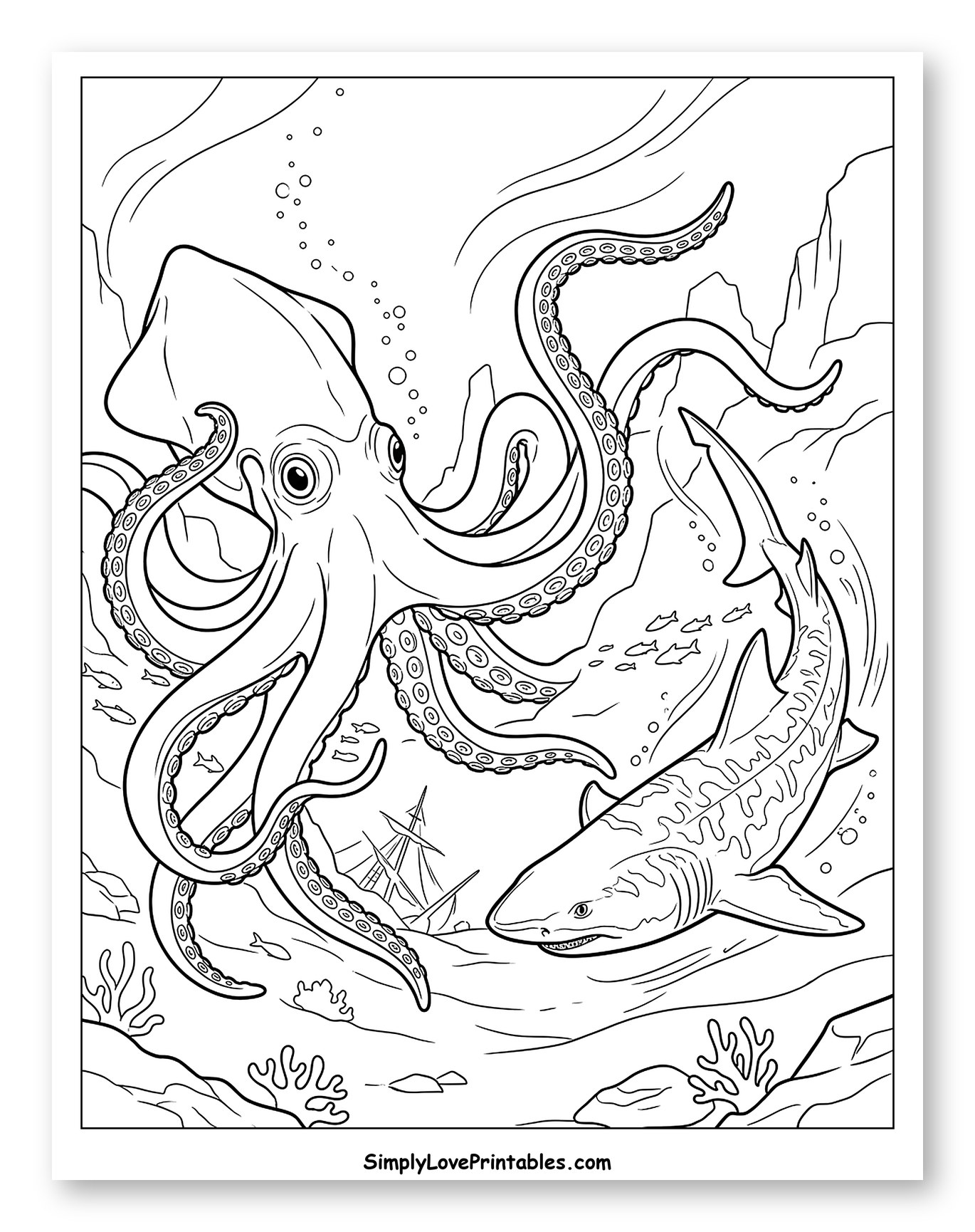 Giant Octopus and Tiger Shark Underwater