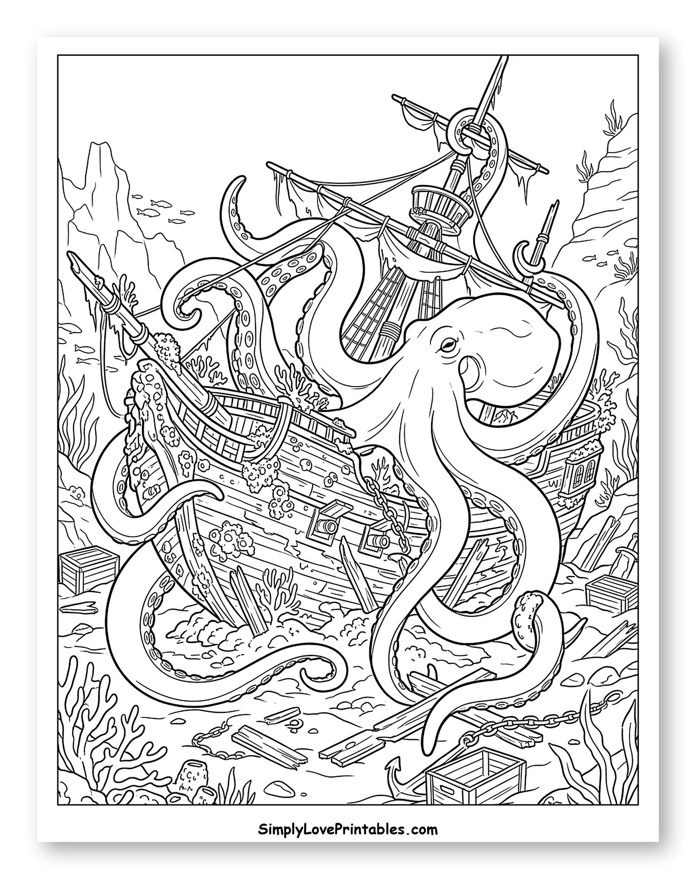 Giant Octopus Gripping a Sunken Shipwreck
