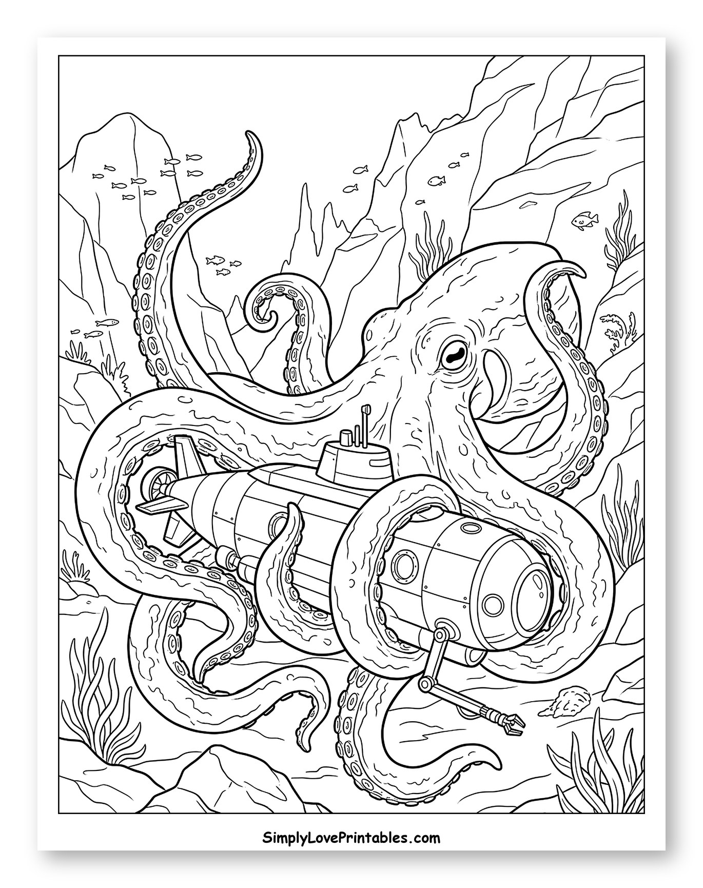 Giant Octopus Holding a Submarine Underwater