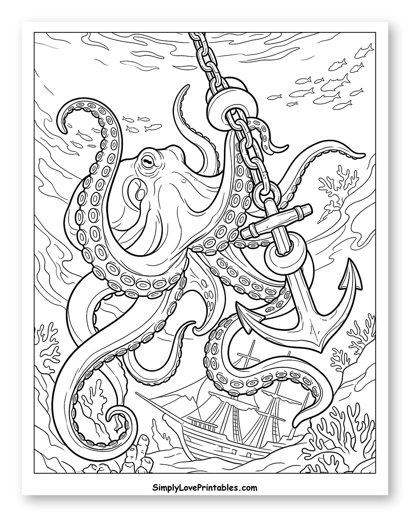 Giant Octopus Holding an Anchor Underwater Coloring Page