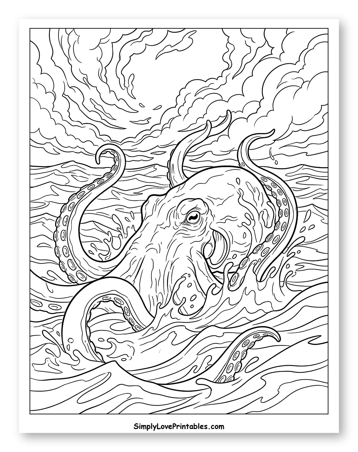 Giant Octopus in Turbulent Ocean Coloring Page