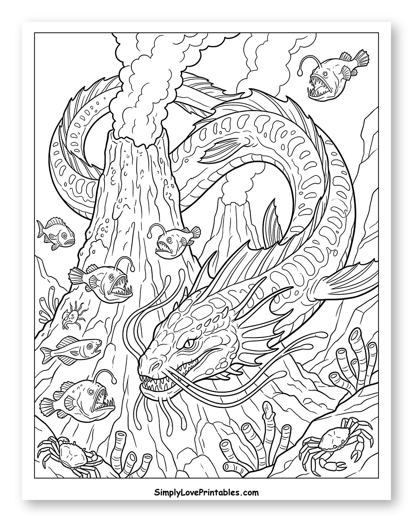 Giant Sea Serpent and Anglerfish with Underwater Volcanoes to Color